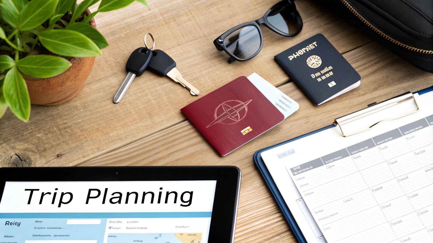 A flat lay of travel essentials, including passports, car keys, sunglasses, and a tablet showing 'Trip Planning'.