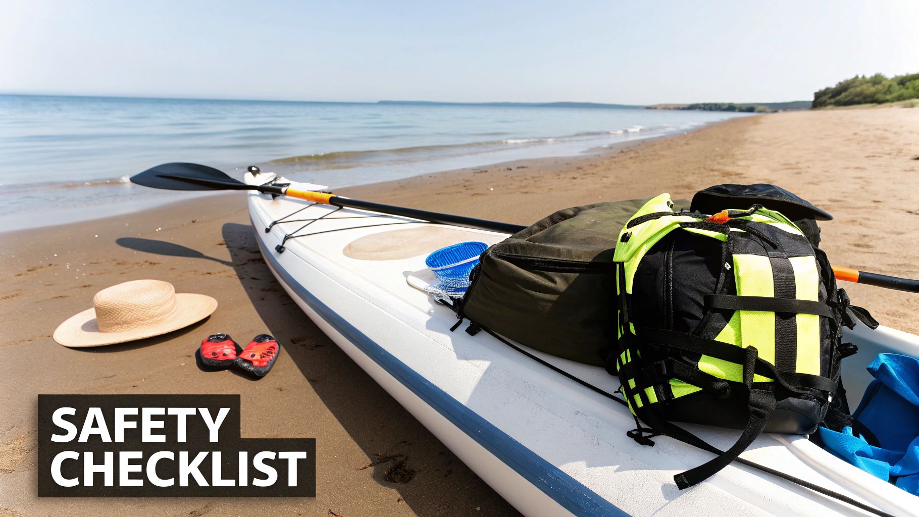 Kayaker wearing a life jacket and paddling in calm waters near Lagos cliffs.