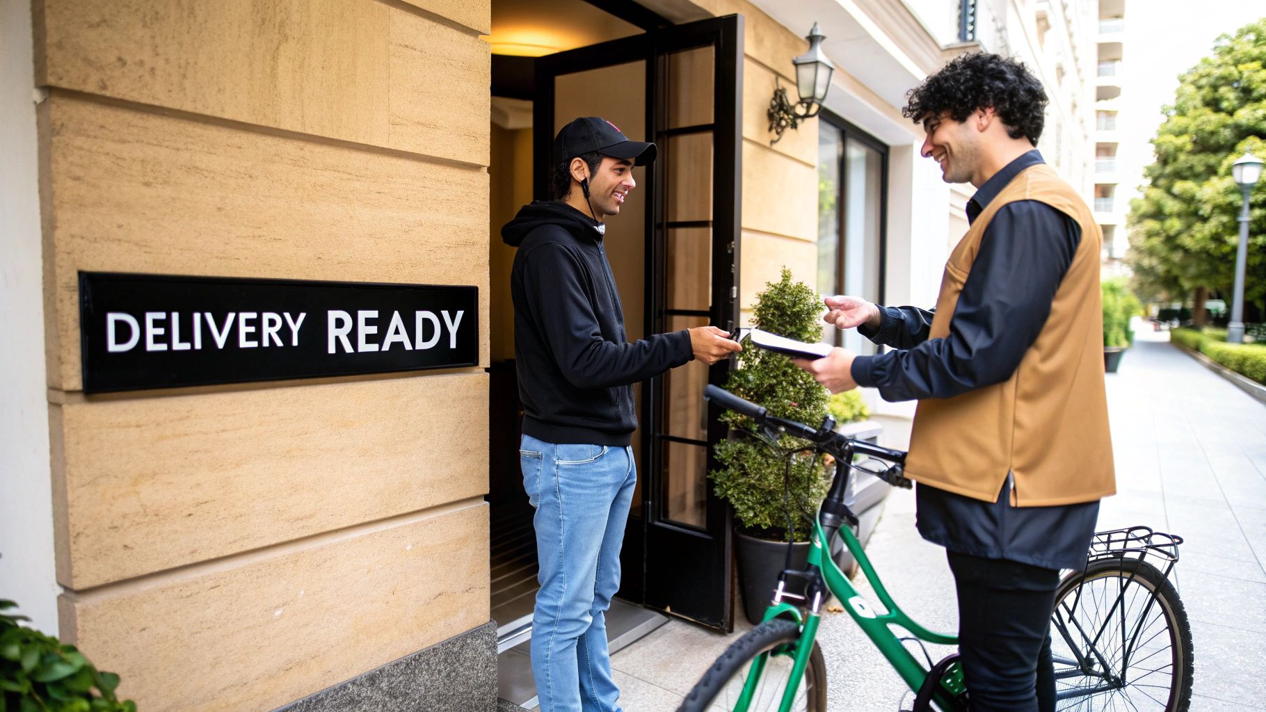Person signing a rental agreement at a bike shop counter