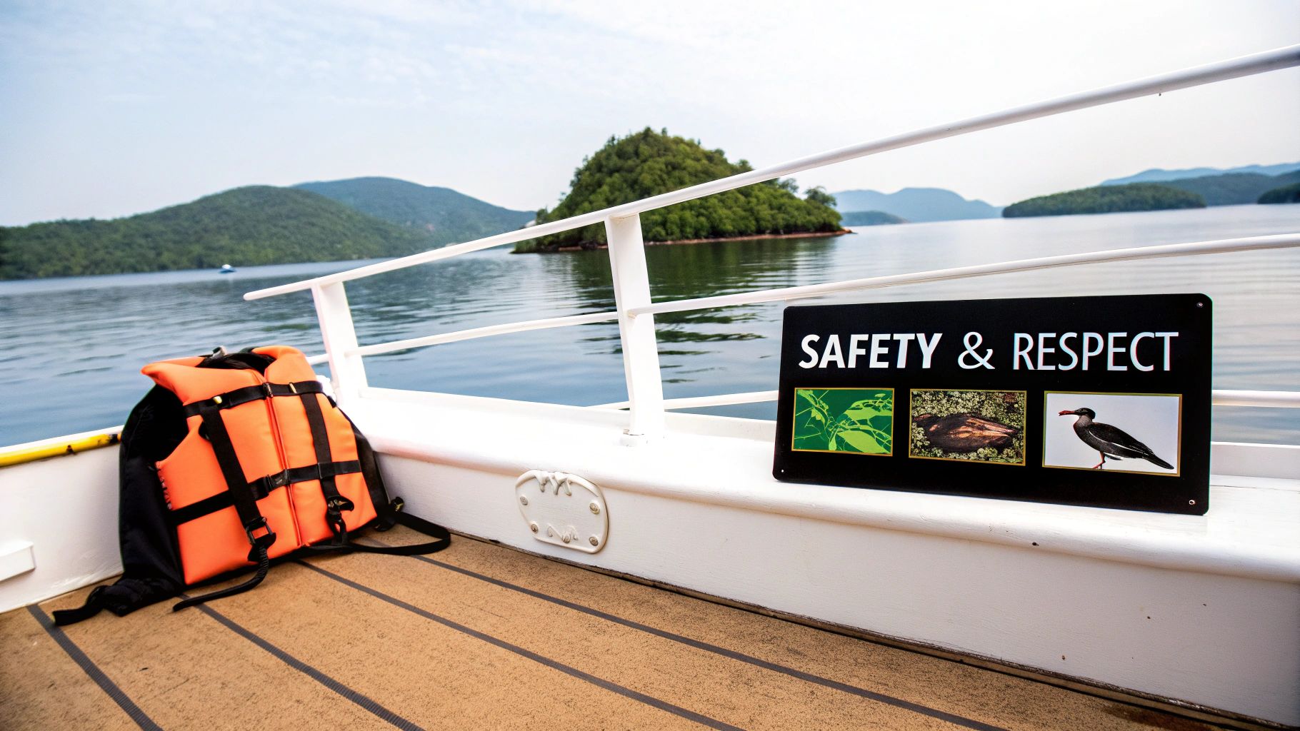 Orange life jacket and a 'SAFETY & RESPECT' sign on a boat deck, overlooking a scenic lake with islands.