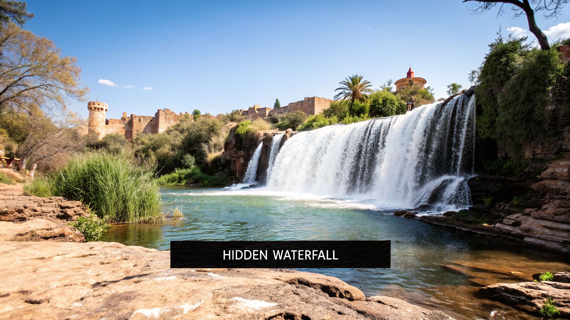 A majestic waterfall cascades into a river with ancient stone buildings and a castle visible on a sunny hill in the background.