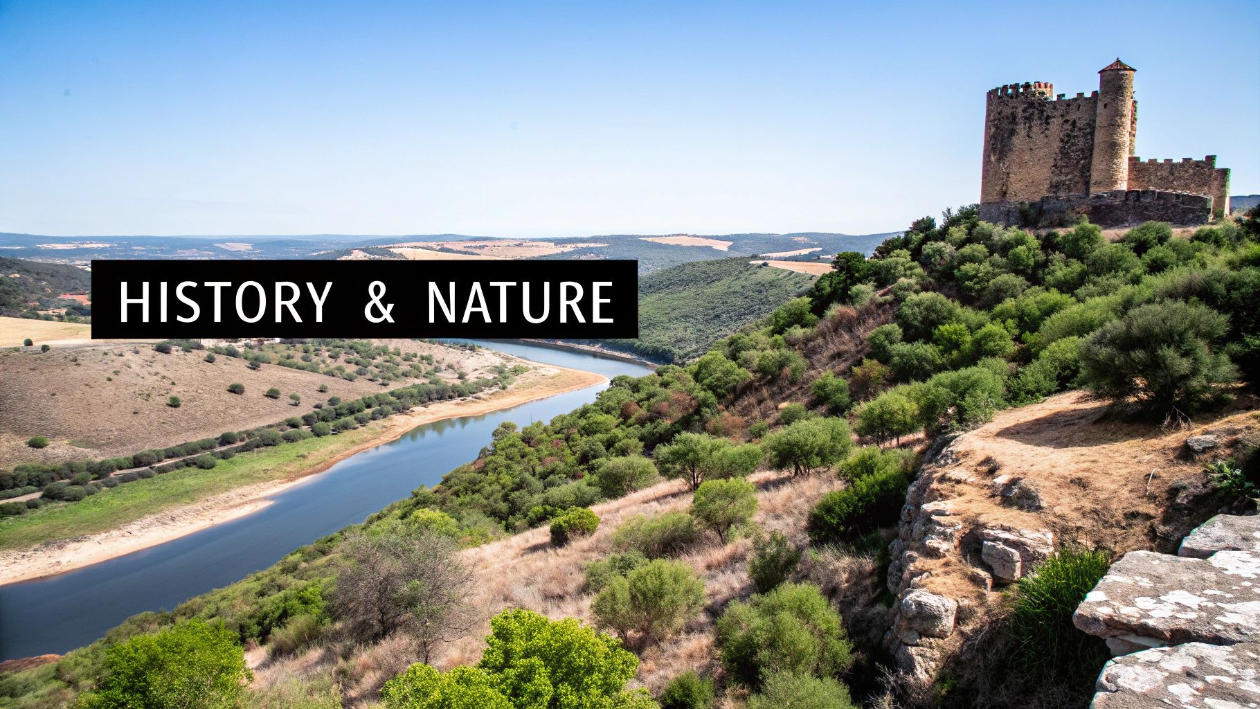 A panoramic view of a medieval castle overlooking a scenic river valley with hills and a clear sky, featuring a banner 'HISTORY & NATURE'.