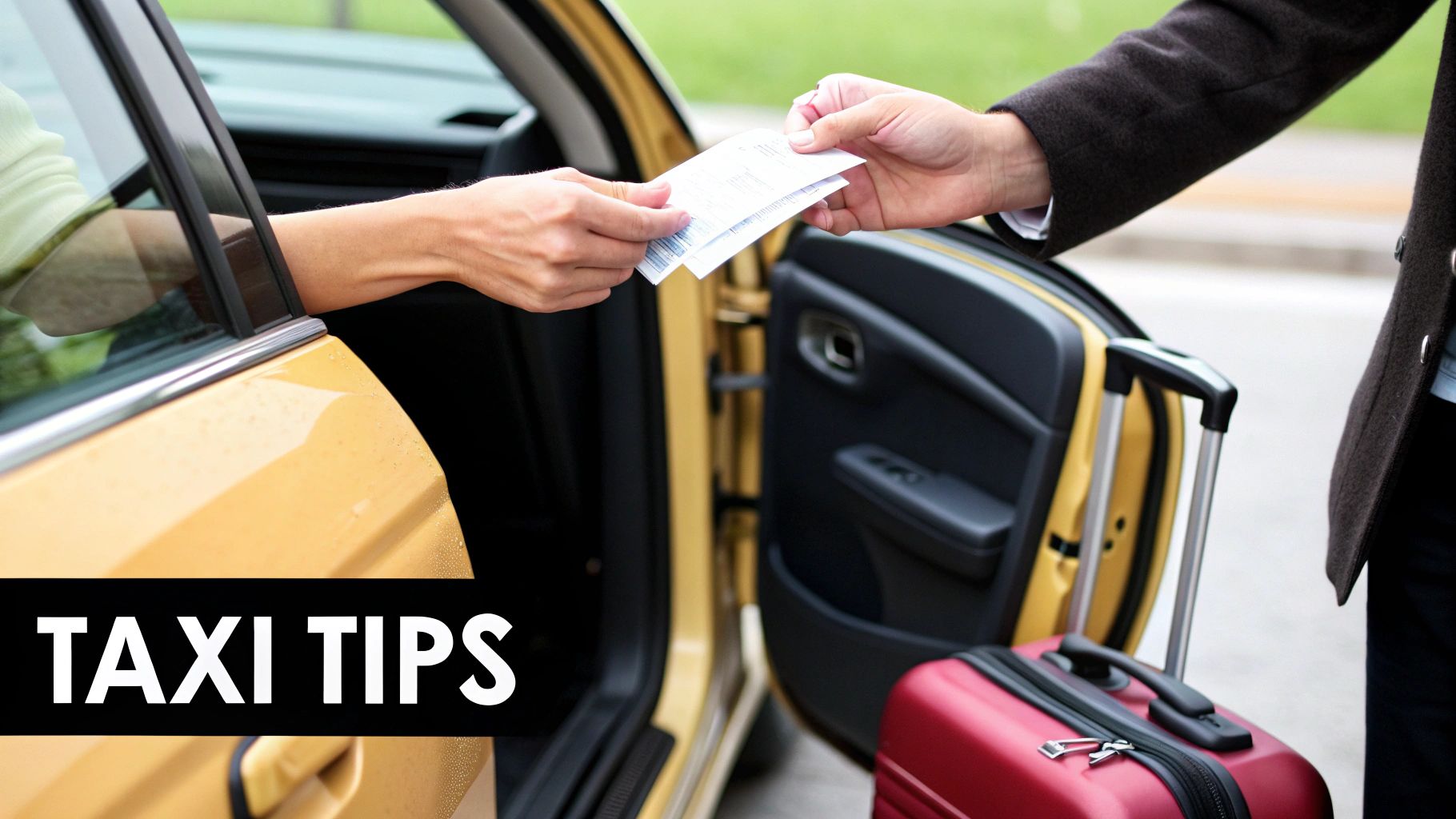 Hands exchanging receipts at a yellow taxi with a red suitcase, symbolizing a taxi fare.