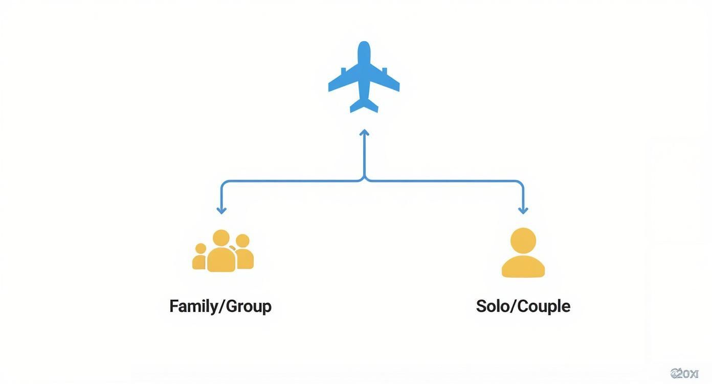 Blue airplane icon above diverging paths leading to 'Family/Group' and 'Solo/Couple' traveler icons.