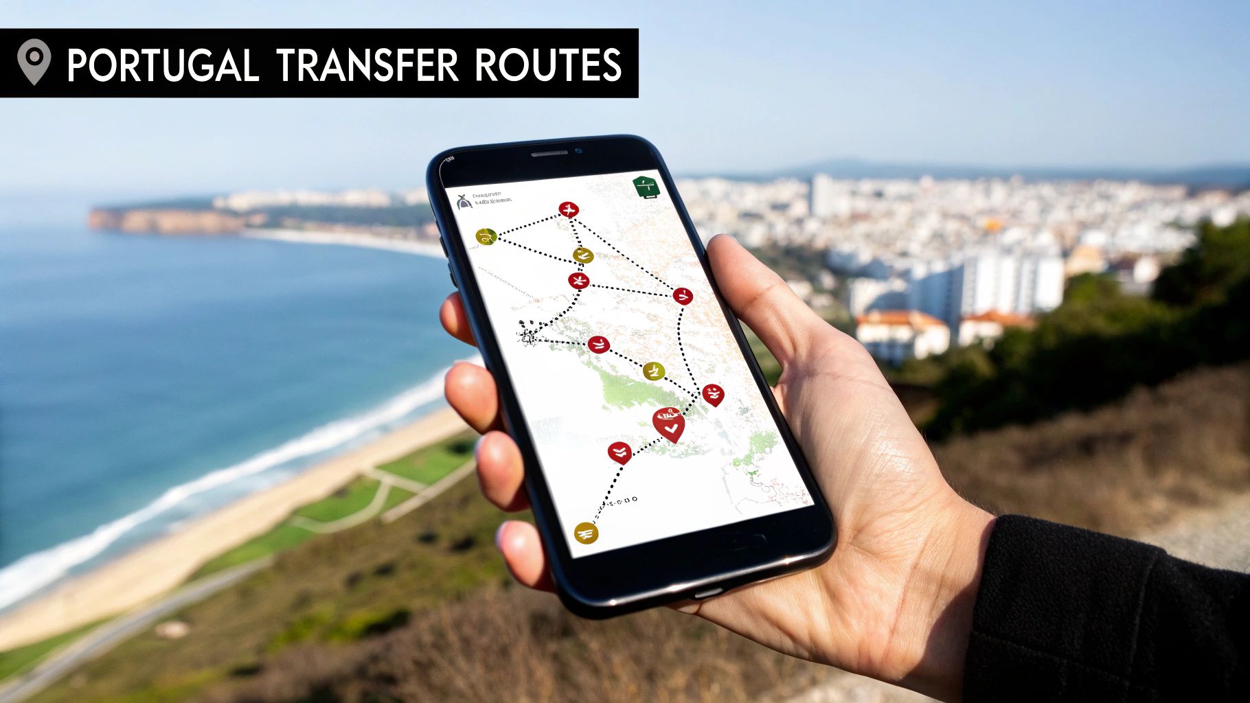A hand holds a smartphone displaying a map of Portugal transfer routes with icons over a scenic coastal city.