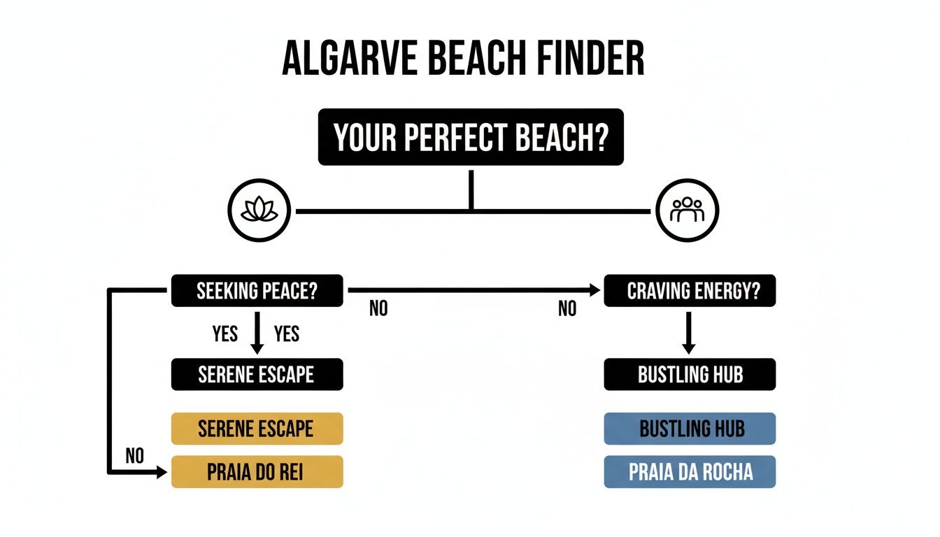 Algarve Beach Finder flowchart comparing serene and bustling beach experiences, featuring Praia do Rei and Praia da Rocha.