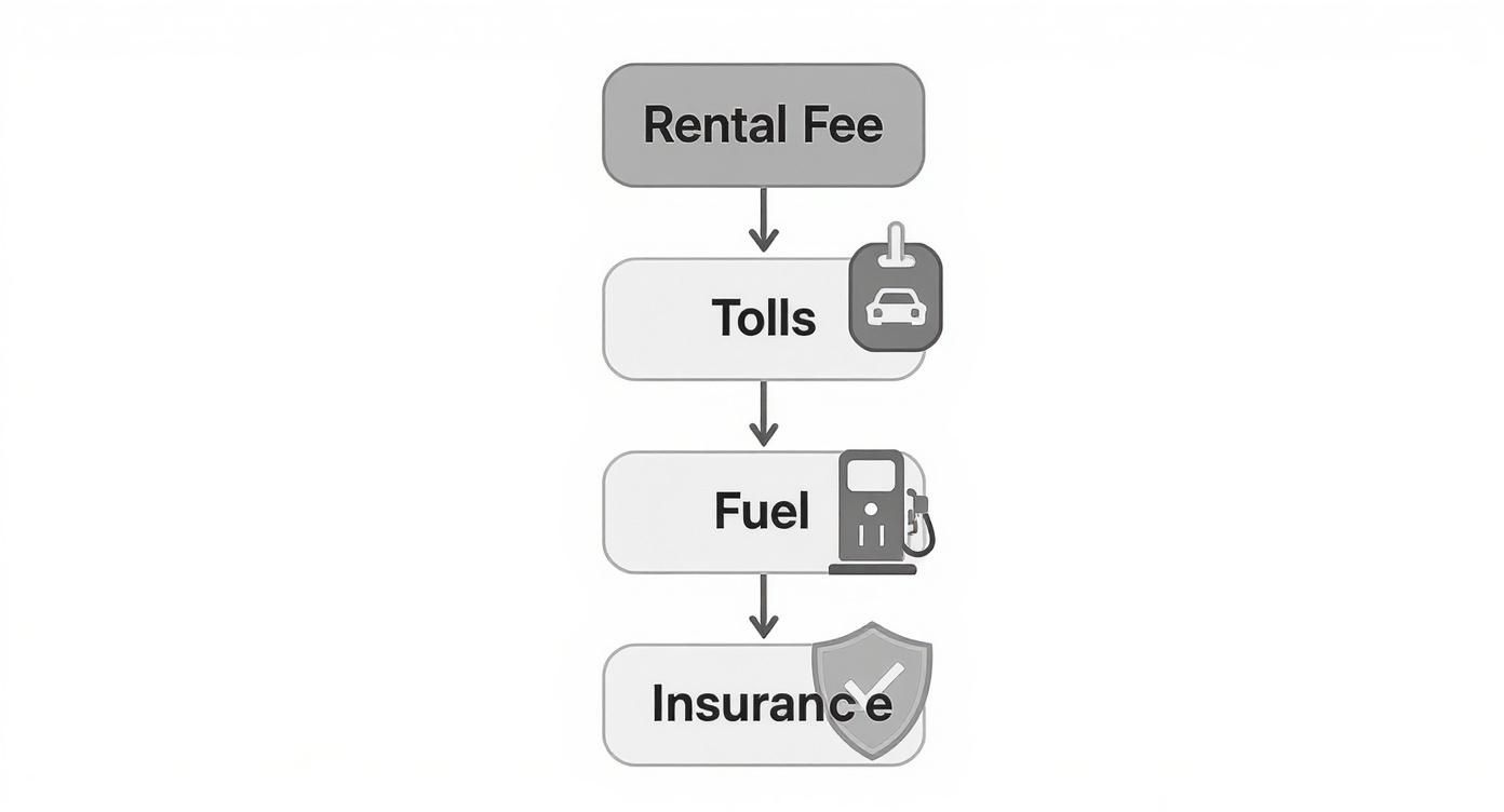 Flowchart showing car rental costs breakdown including rental fee, tolls, fuel, and insurance expenses