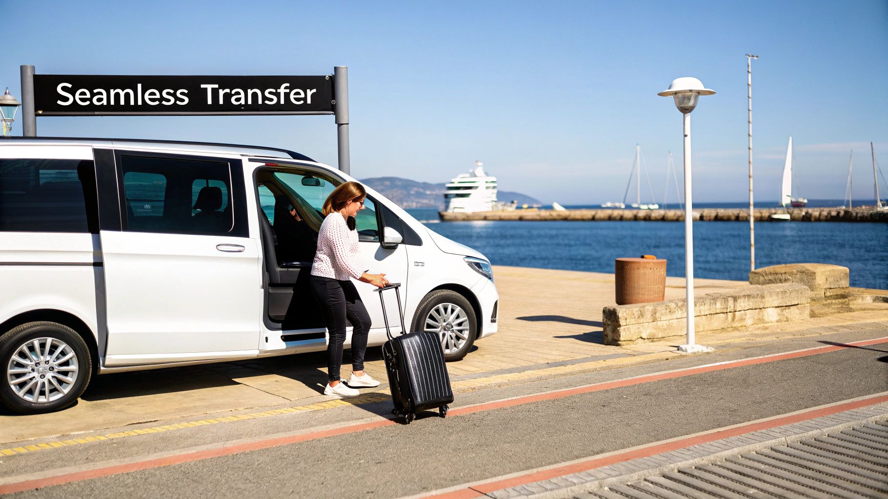 Woman exiting a white transfer van with luggage at a sunny port, next to a 'Seamless Transfer' sign.
