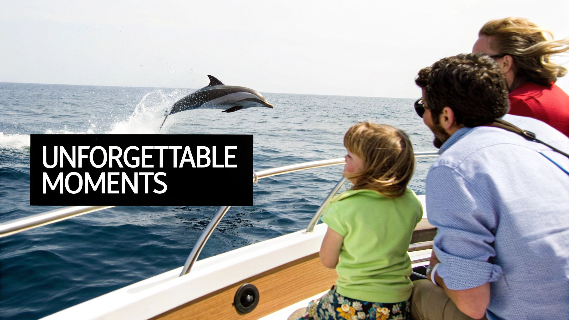 A family on a boat watches a dolphin jump out of the ocean, creating unforgettable moments.