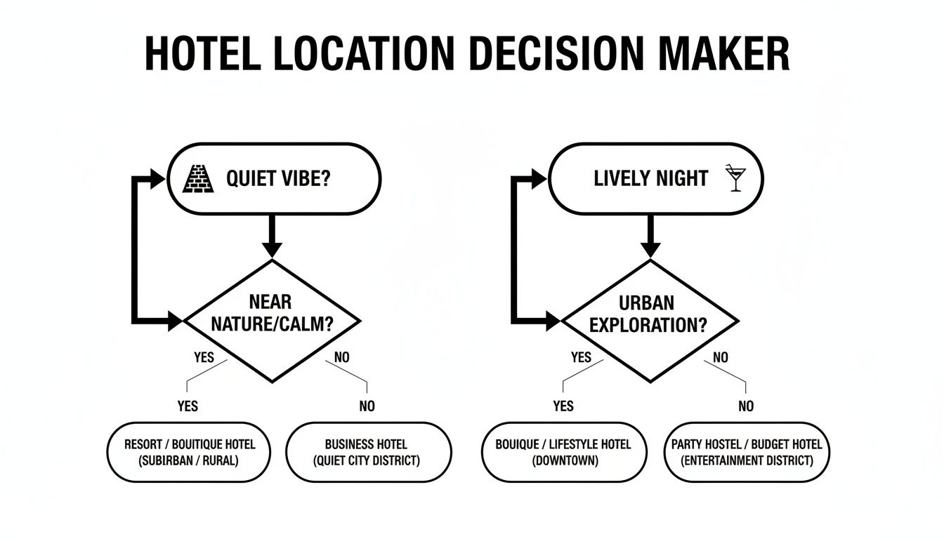 Flowchart for hotel location choice: quiet vibe vs. lively night, leading to specific hotel types.