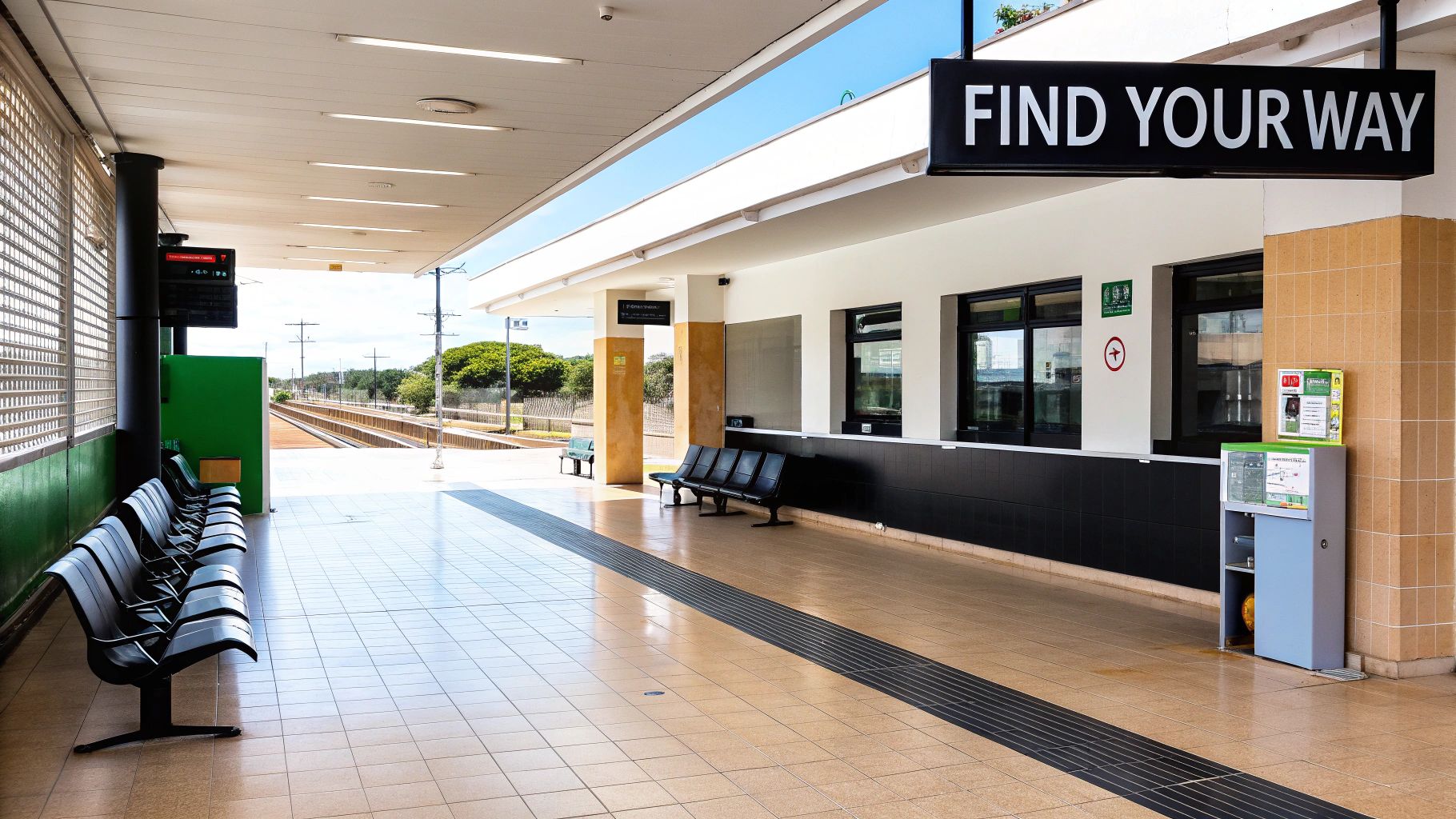 An empty train station platform with black benches, ticket windows, and a 'FIND YOUR WAY' sign.