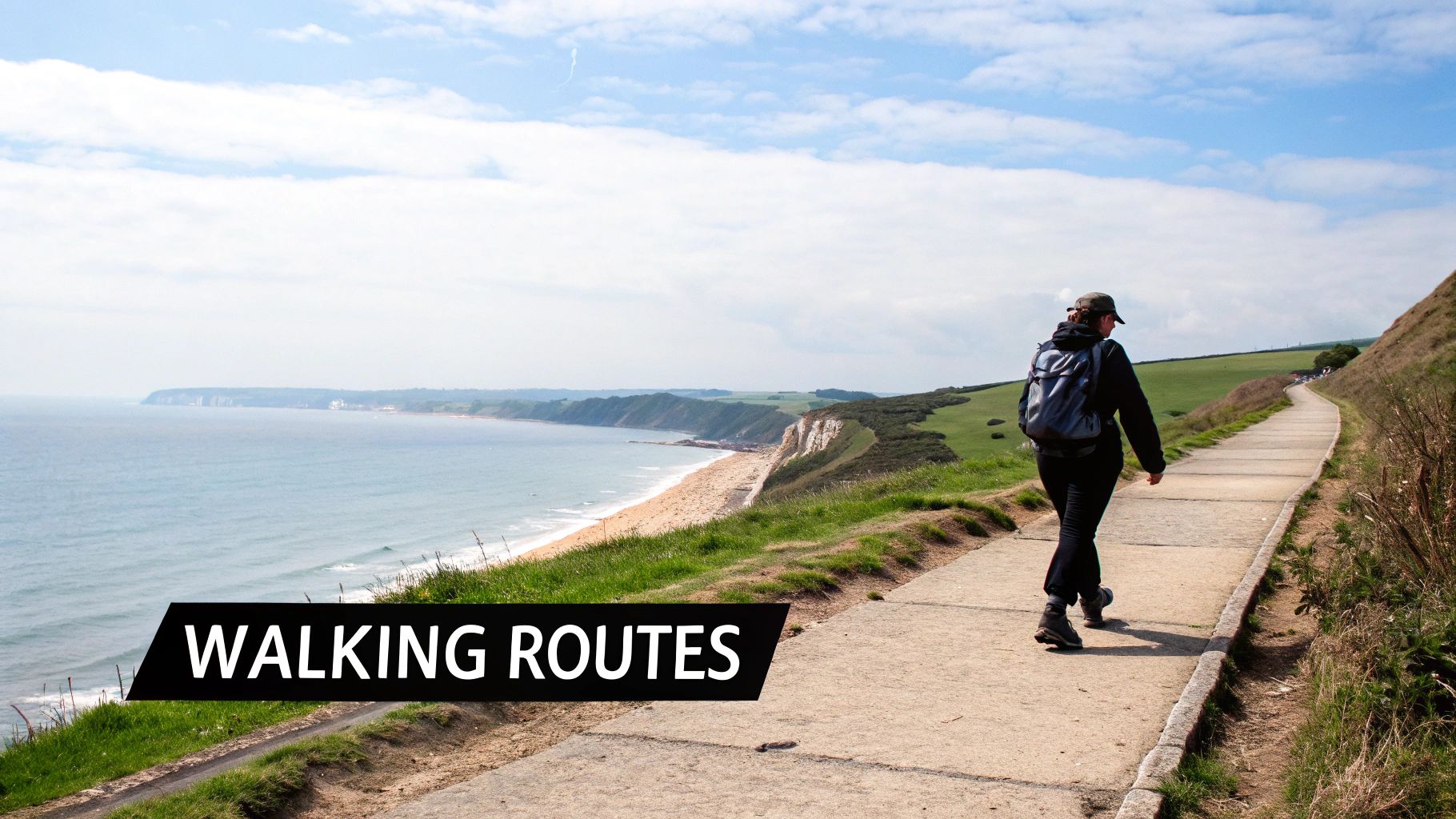 A person walks on a coastal path overlooking the sea and cliffs, with text 'WALKING ROUTES'.