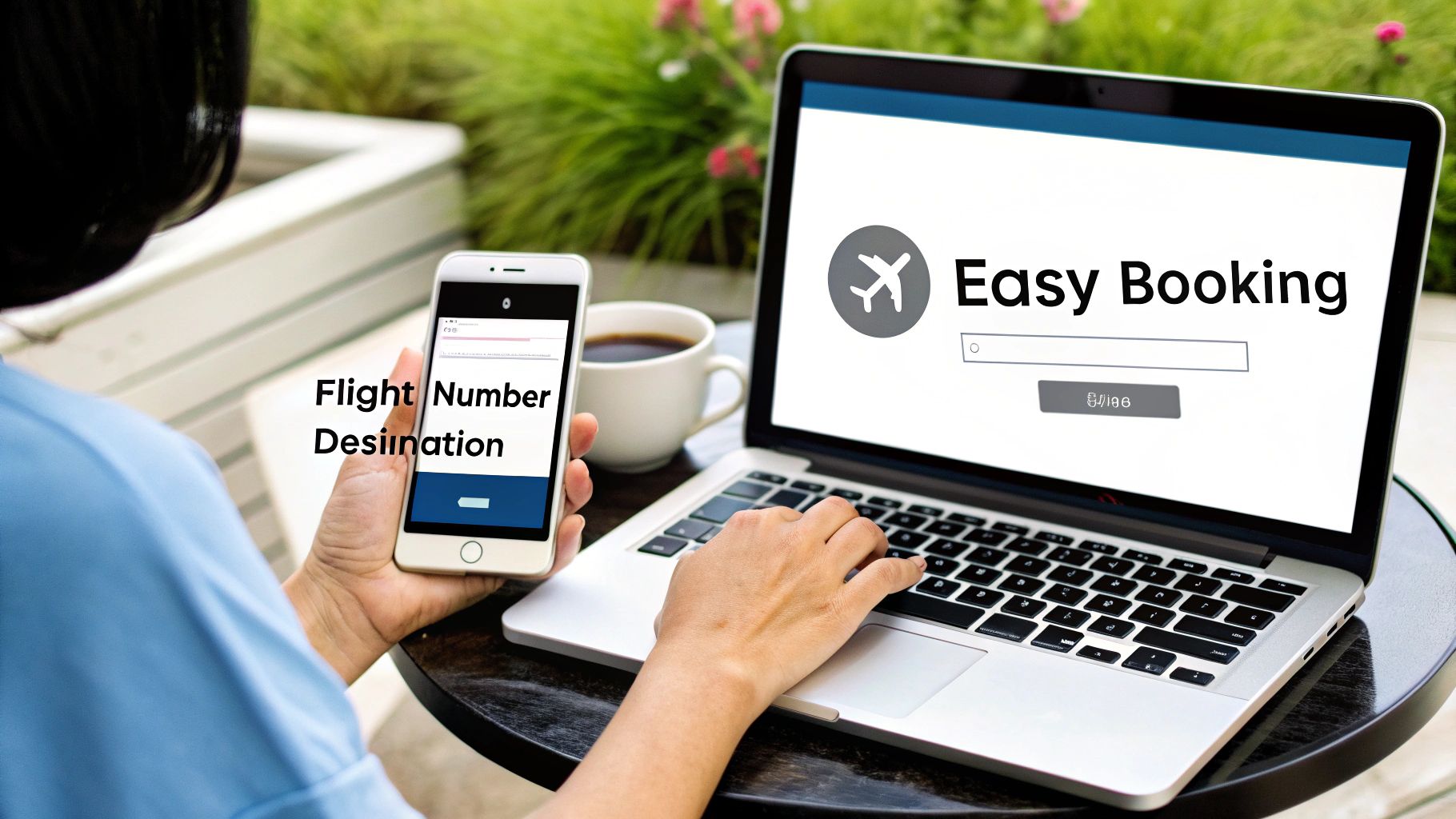 A person uses a laptop and smartphone simultaneously for online flight booking, with a coffee cup on the table.
