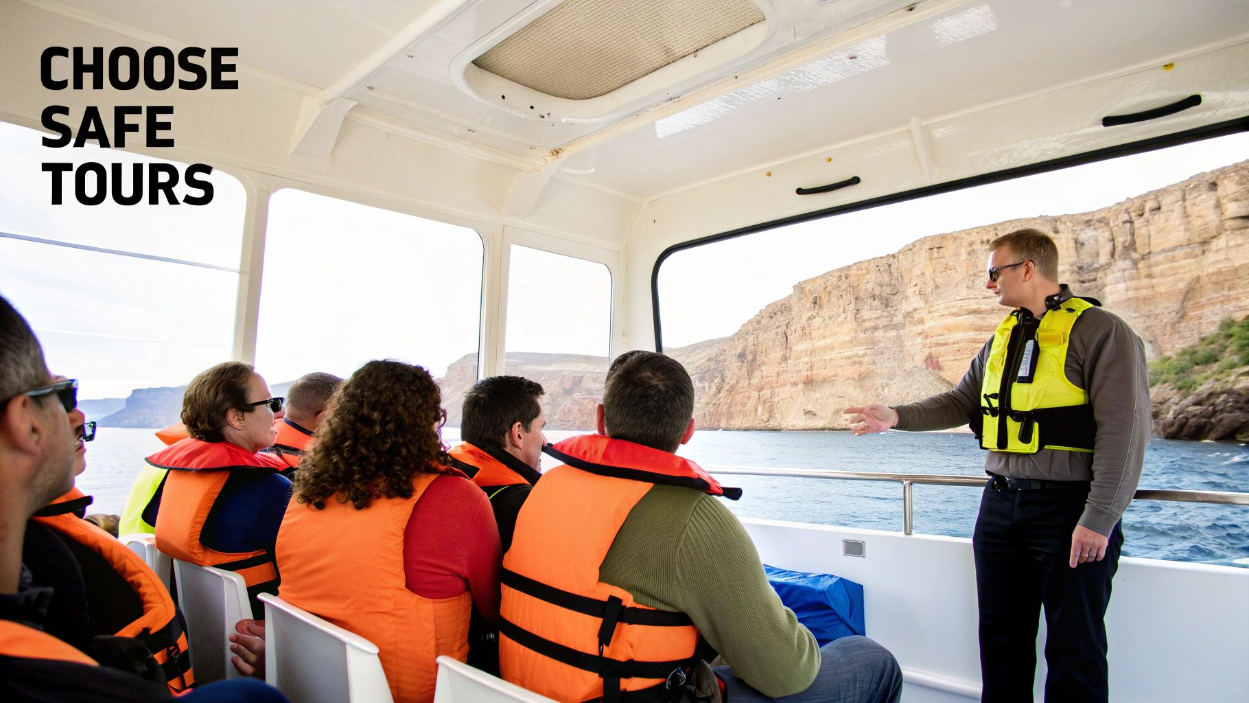 Tourists in life jackets on a boat tour, listening to a guide near scenic rocky cliffs.