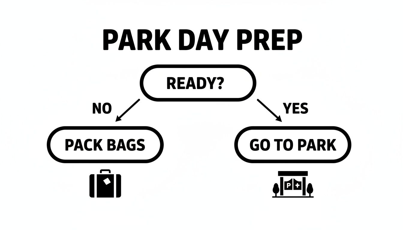A simple flowchart illustrating the steps for park day preparation, including packing bags or going to the park.
