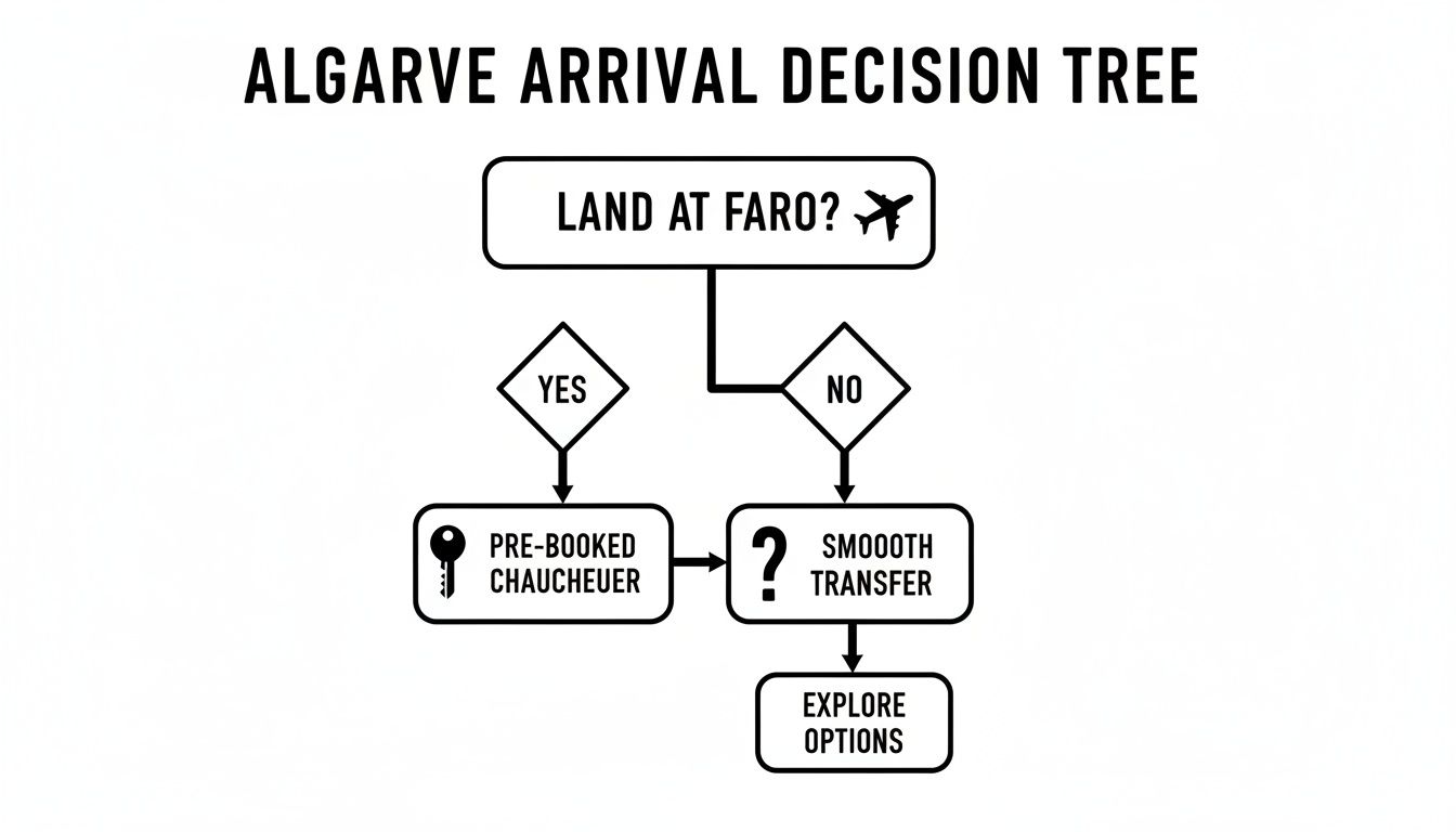A flowchart decision tree for Algarve arrival, showing options for landing at Faro and transfer services.