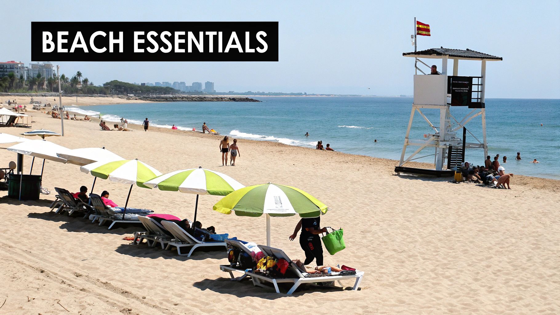 A bustling sandy beach with people relaxing under umbrellas, swimming in the ocean, and a lifeguard tower.