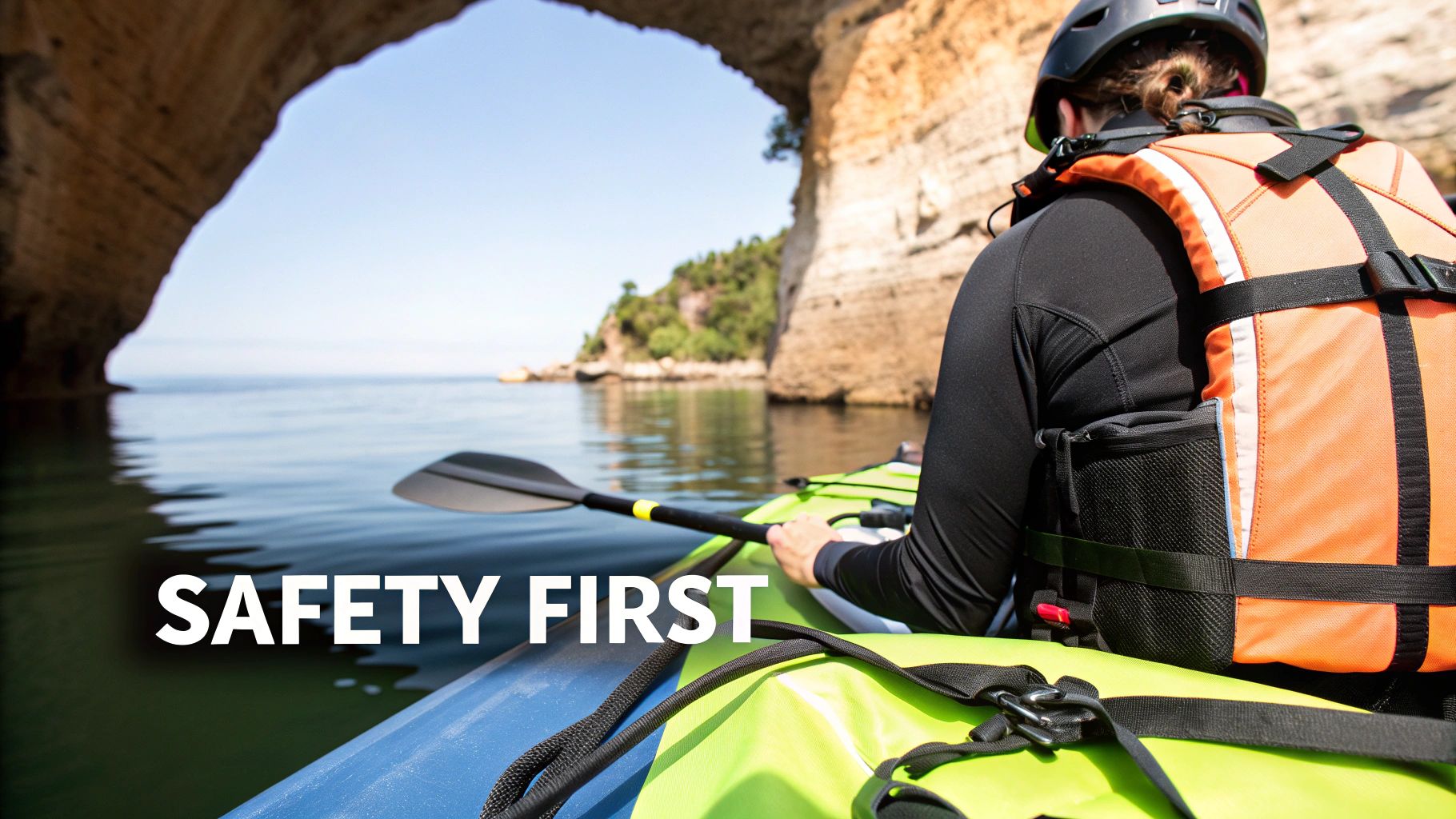Rear view of a kayaker wearing a helmet and life vest, paddling near a sea cave. Text: SAFETY FIRST.