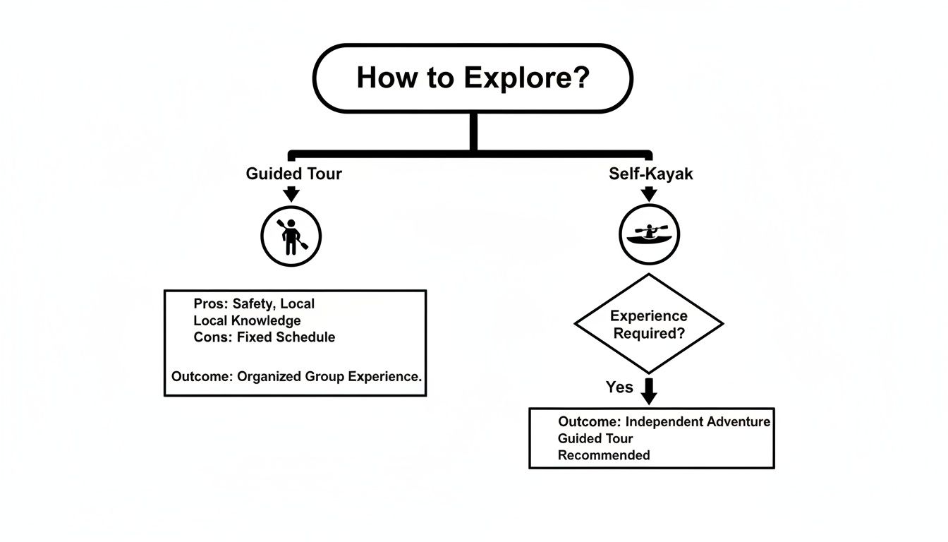 Flowchart comparing guided tours and self-kayaking options for exploration, including pros, cons, and experience.