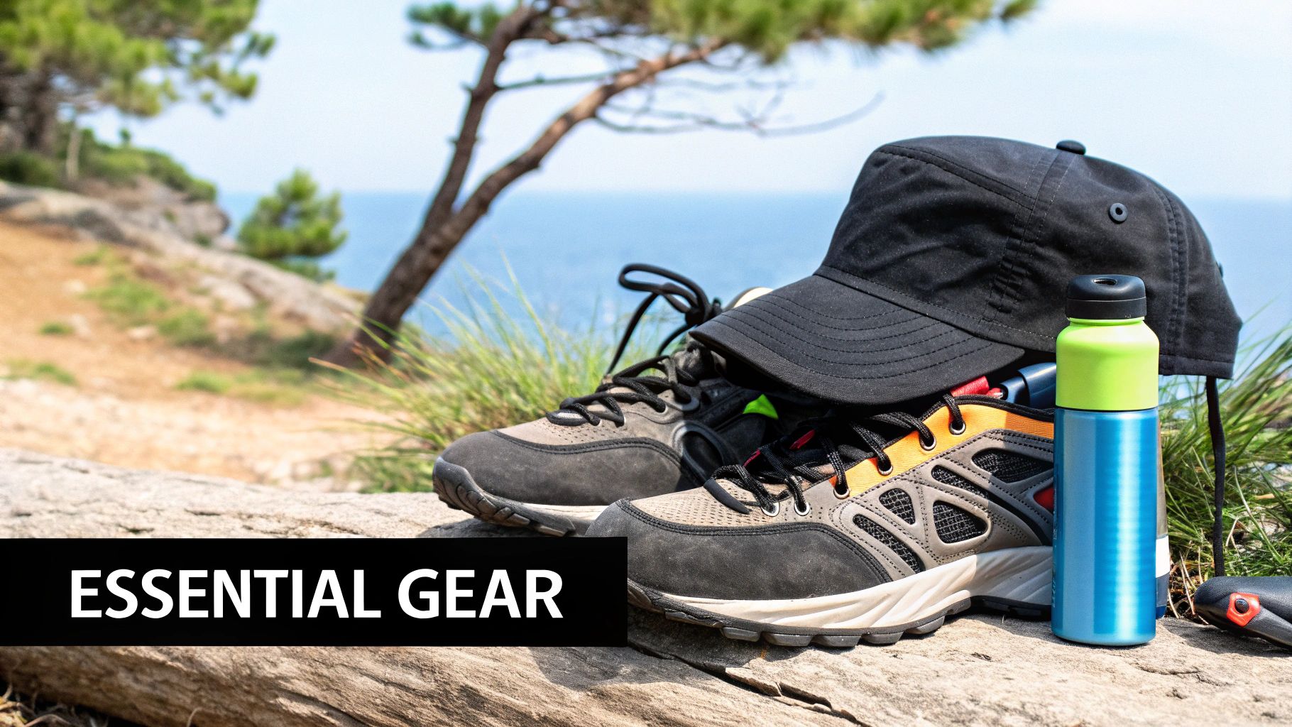 Essential hiking gear including trail shoes, a black cap, and a blue water bottle on a coastal trail.