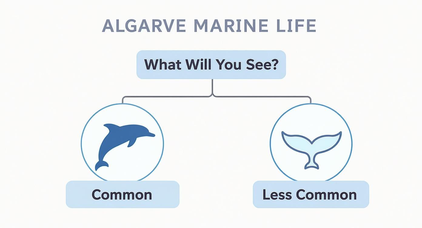 Infographic showing common dolphins and less common whales as marine life in Algarve waters