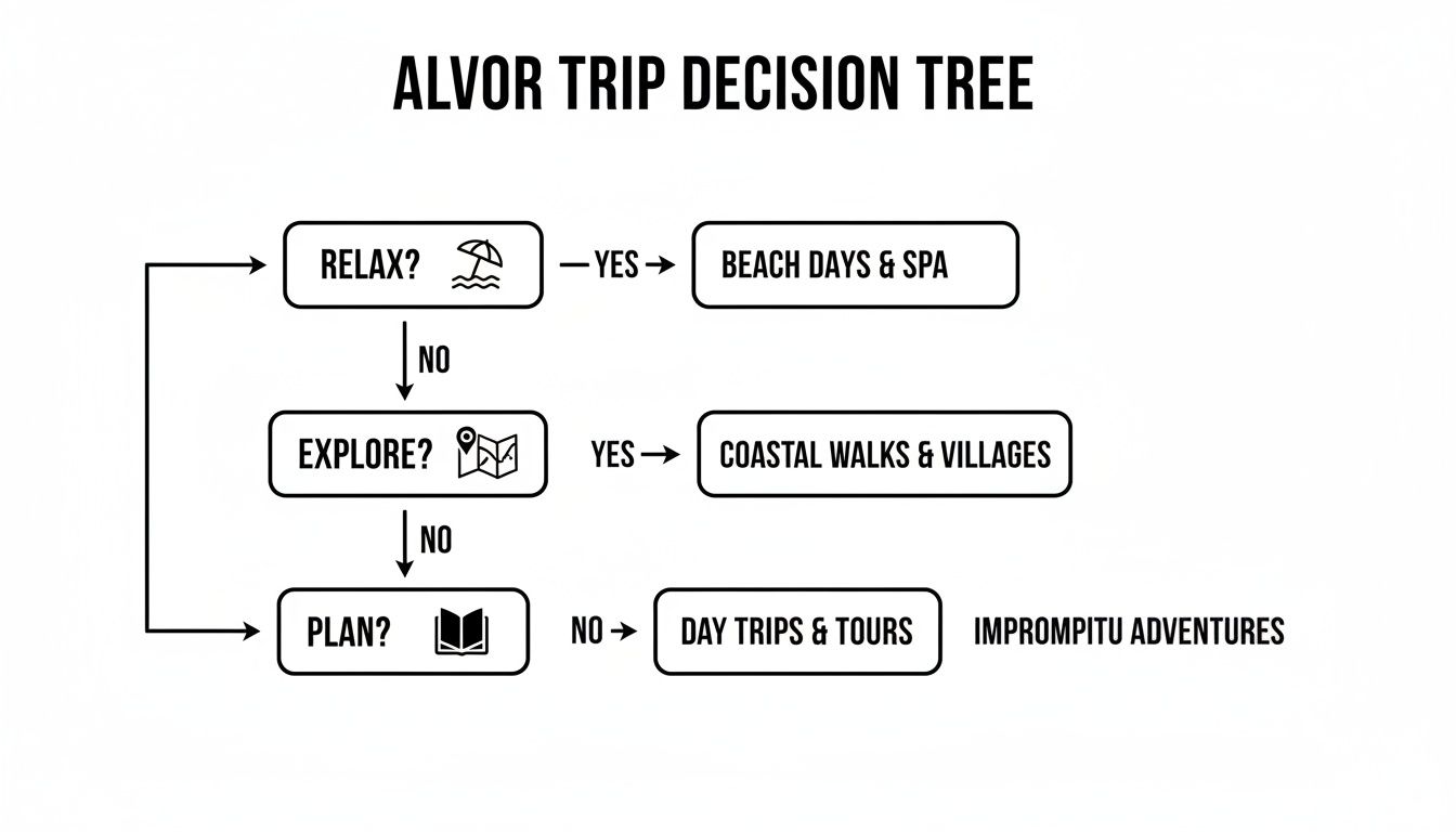 A decision tree for an Alvor trip, guiding activity choices based on preferences for relaxation, exploration, or planning.