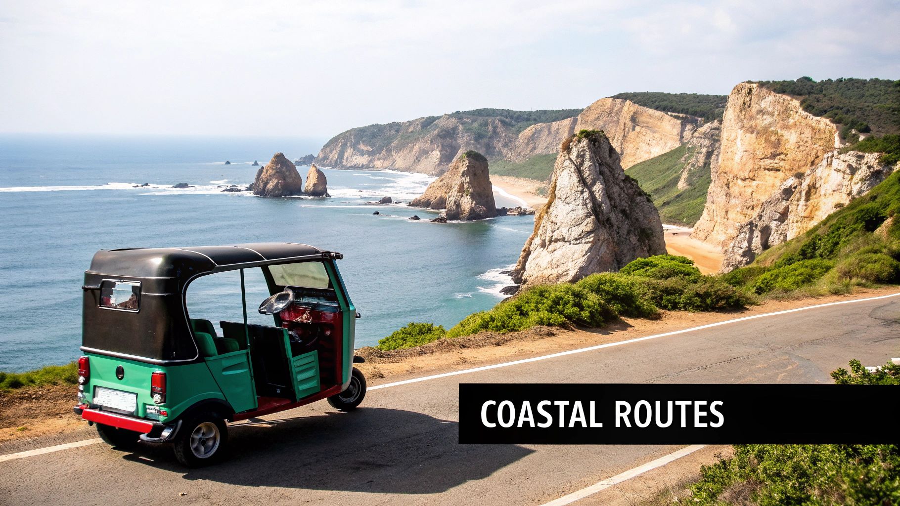 Green tuk-tuk parked on a scenic coastal road with dramatic cliffs and ocean views under a bright sky.