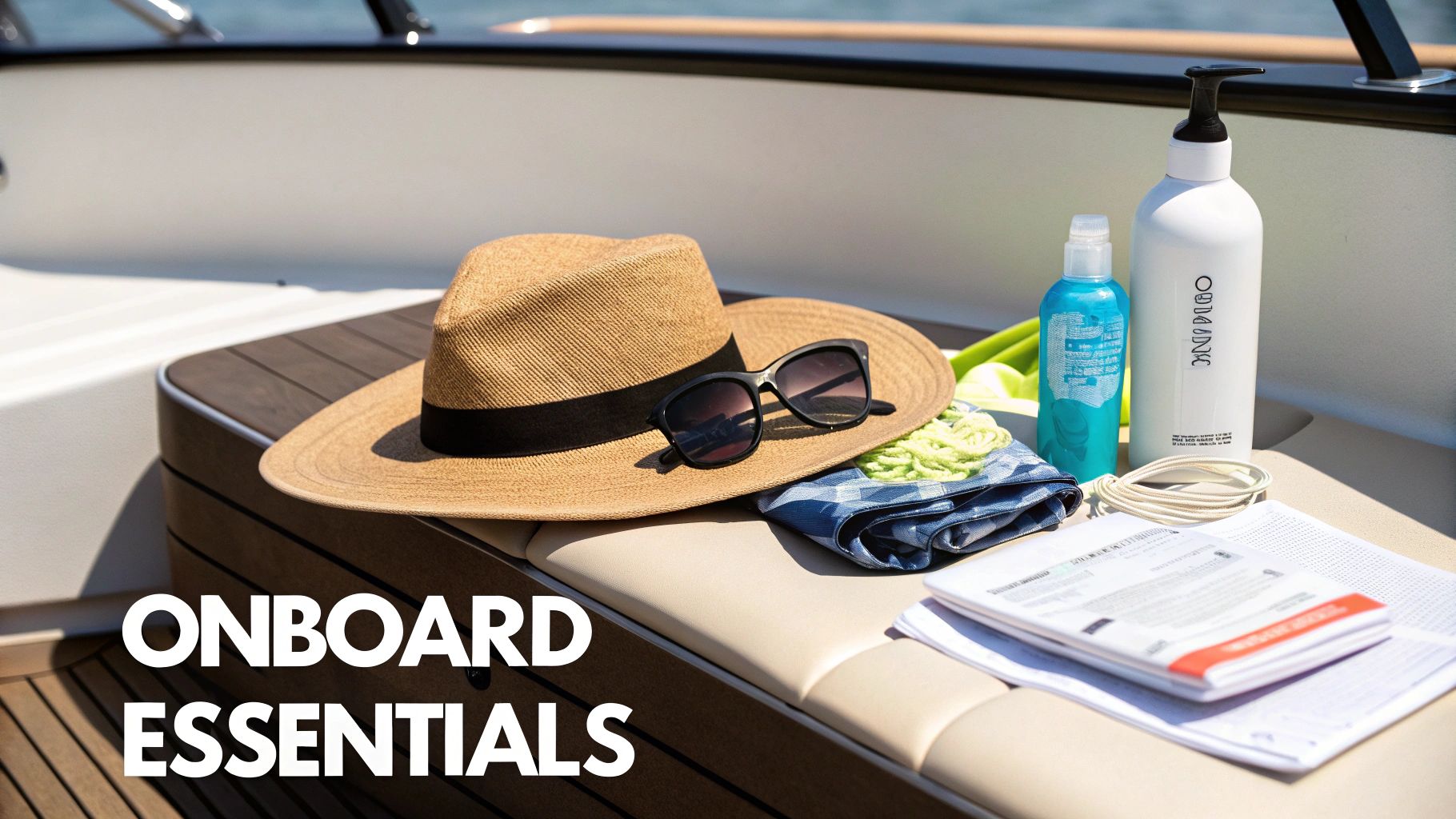 Onboard essentials for a sunny boat trip including a straw hat, sunglasses, and sun protection.