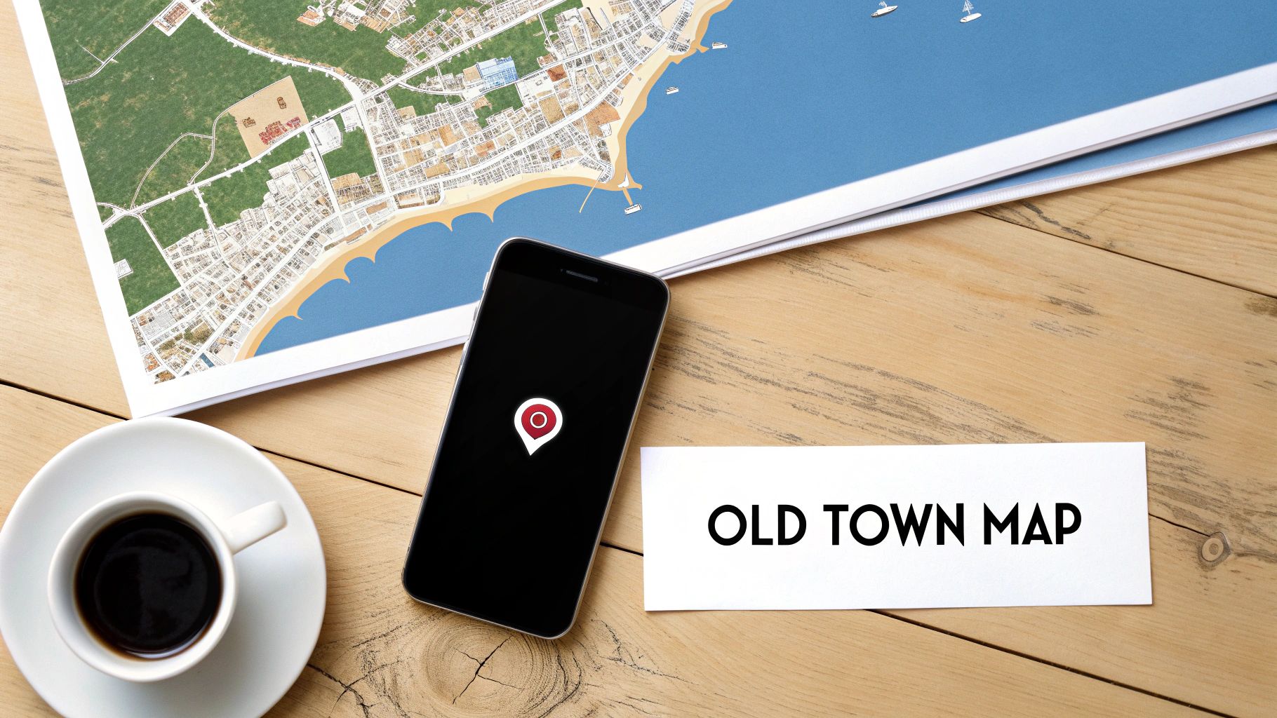Overhead shot of a town map, a smartphone showing a pin, coffee, and 'OLD TOWN MAP' sign on wood.