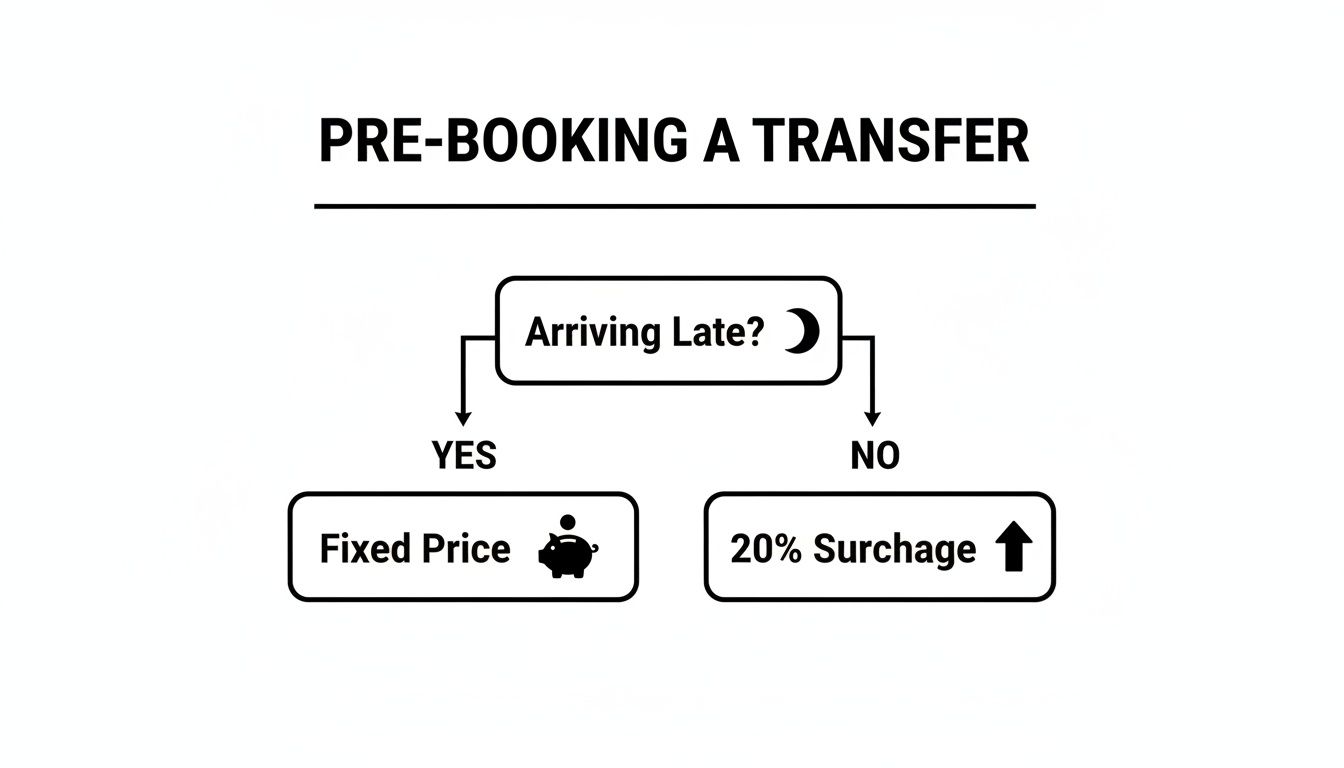 Flowchart detailing transfer pre-booking: fixed price for late arrivals, 20% surcharge for timely arrivals.