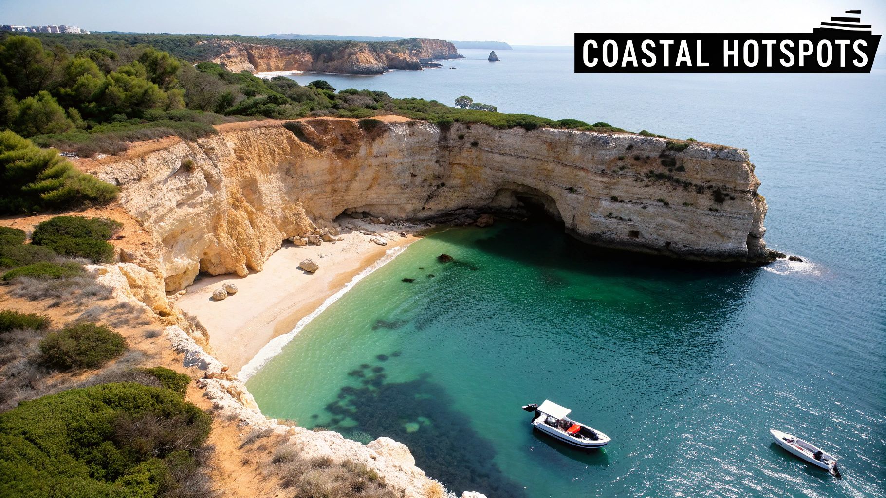 Aerial view of a stunning secluded beach with golden cliffs, turquoise water, and boats on a sunny day.