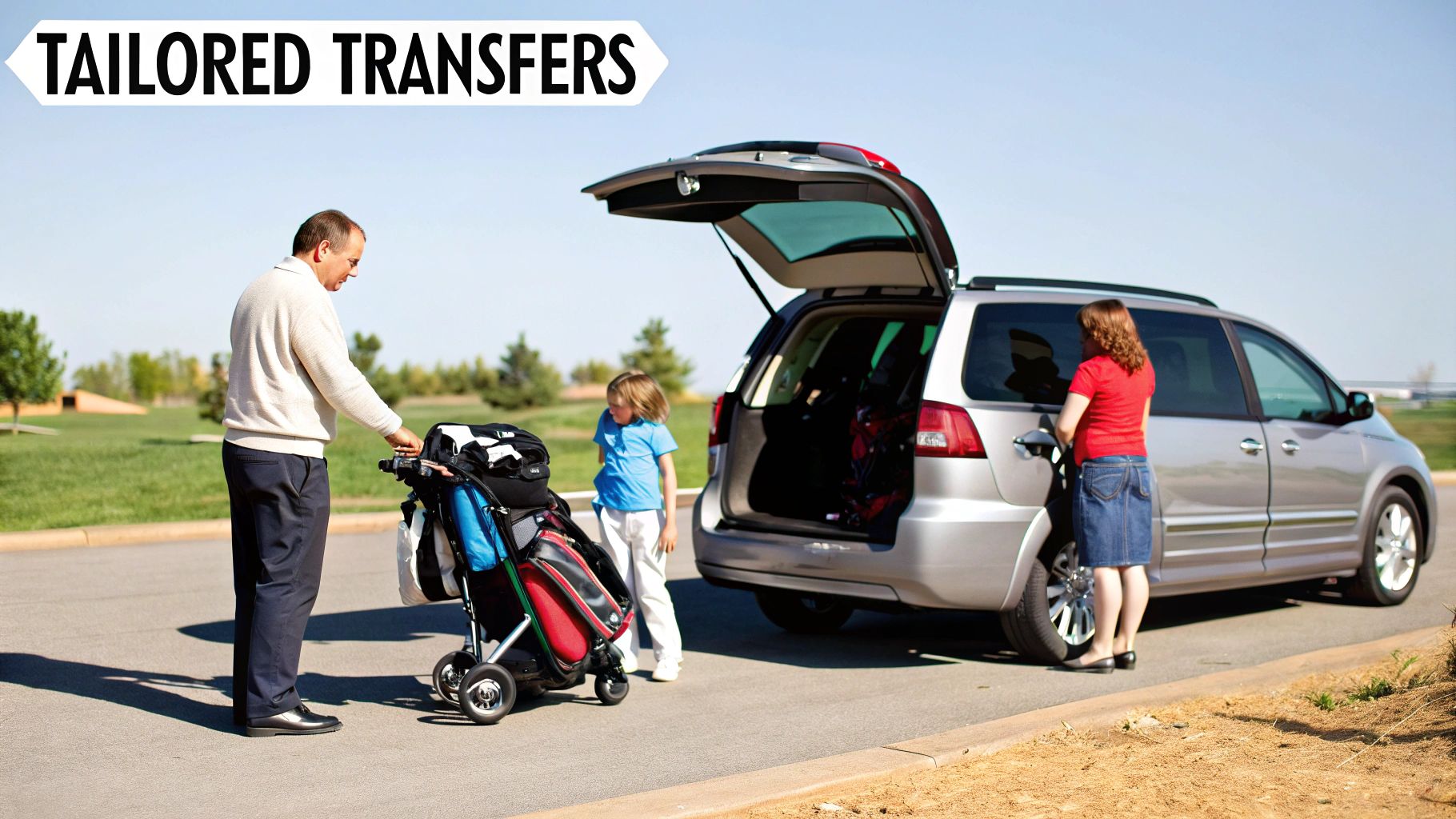 A family happily loading luggage into a spacious transfer van in the Algarve.