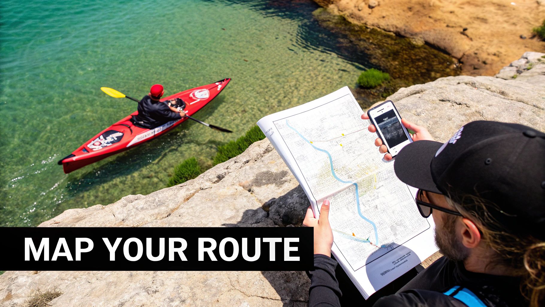Person on a cliff looking at a map and phone, planning a route, with a kayaker in turquoise water below.