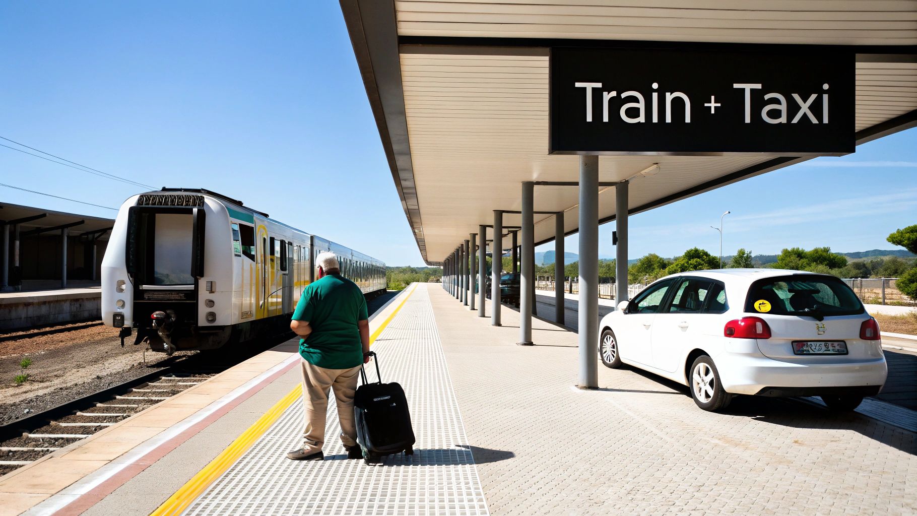 A man with luggage on a train platform near a train and a white car, under a 'Train + Taxi' sign.