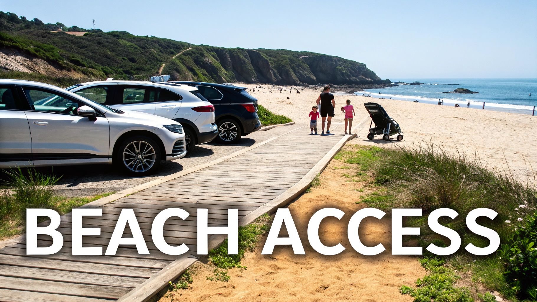 A family walks on a wooden boardwalk towards a sandy beach with parked cars nearby, showing beach access.