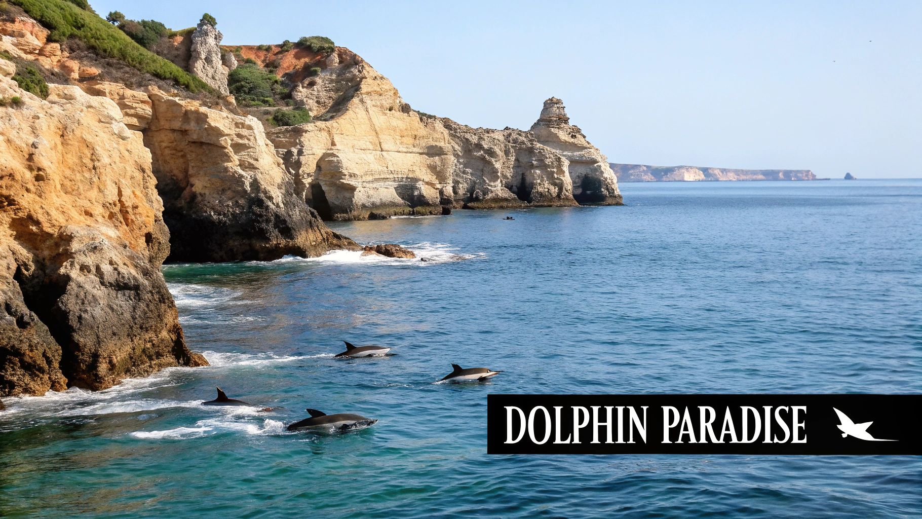 Dolphins swimming in clear blue water next to majestic coastal cliffs under a sunny sky.