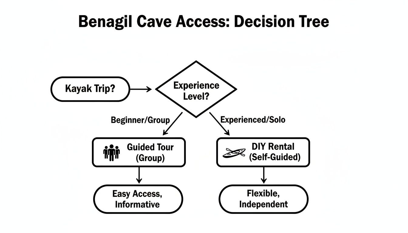 A decision tree flowchart showing options for Benagil Cave access by kayak based on experience level.