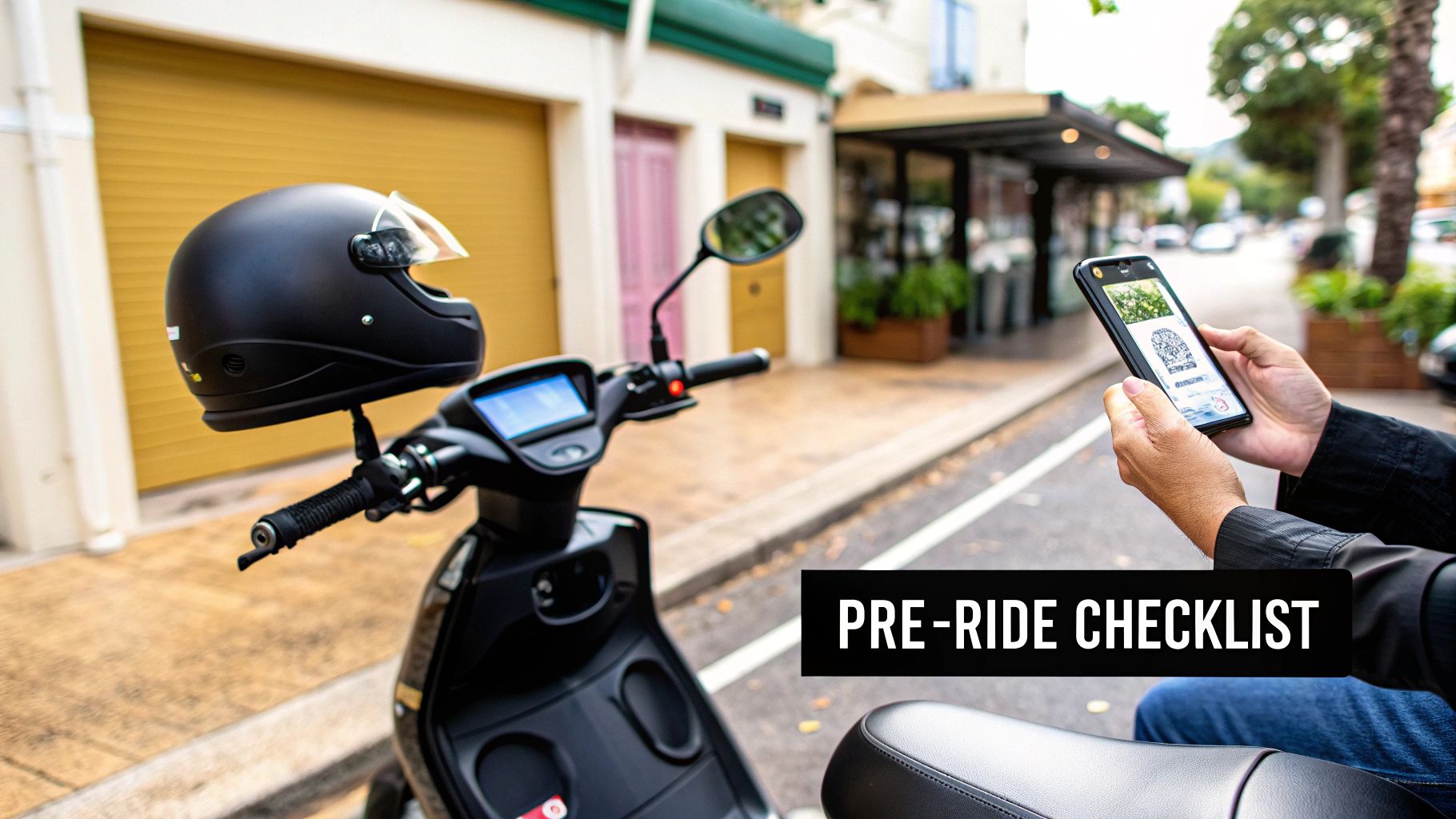 Person checking a pre-ride checklist on a smartphone next to an electric scooter and helmet.