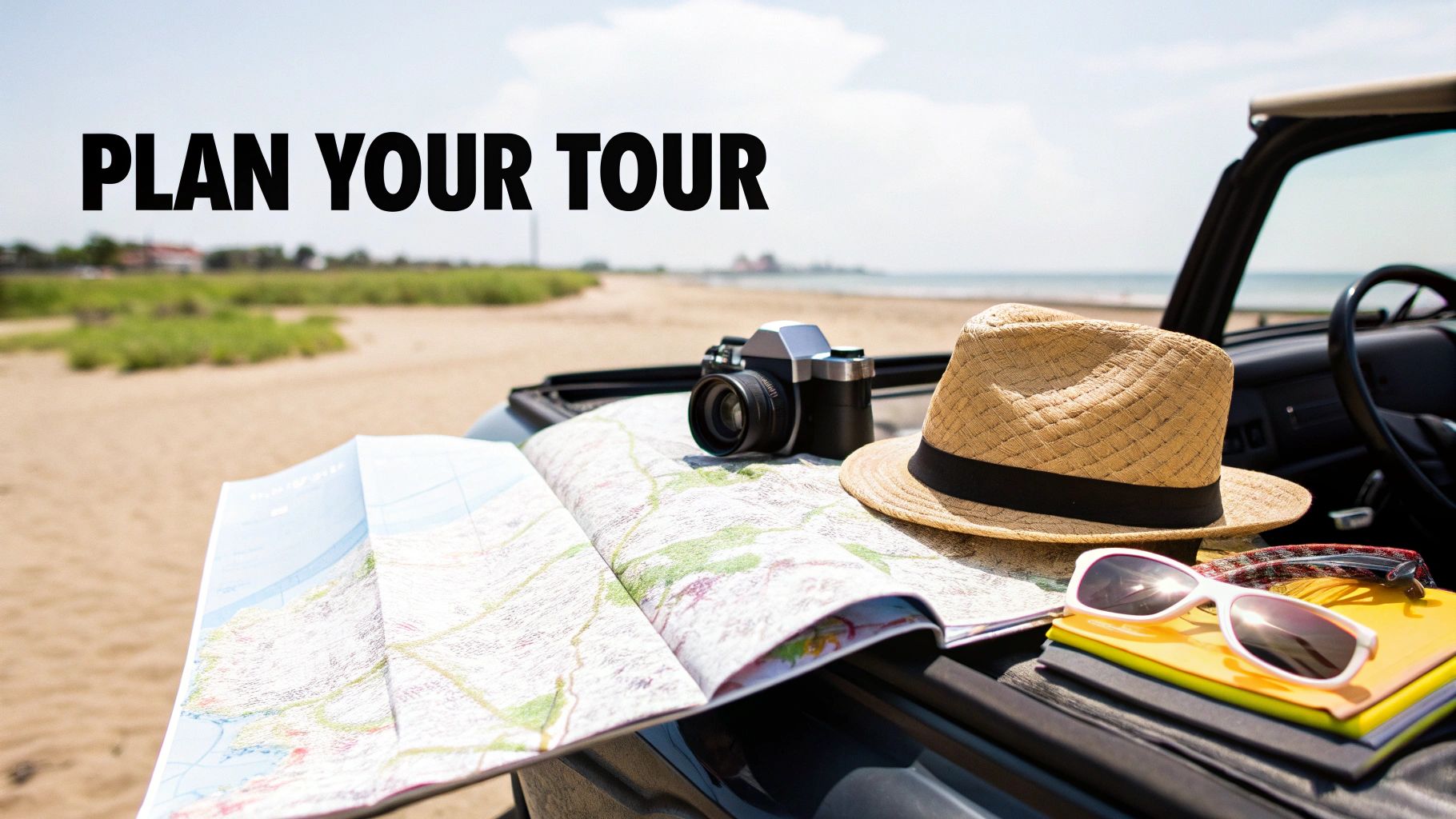 An open map, camera, and straw hat on a convertible car by the beach with 'PLAN YOUR TOUR' text.