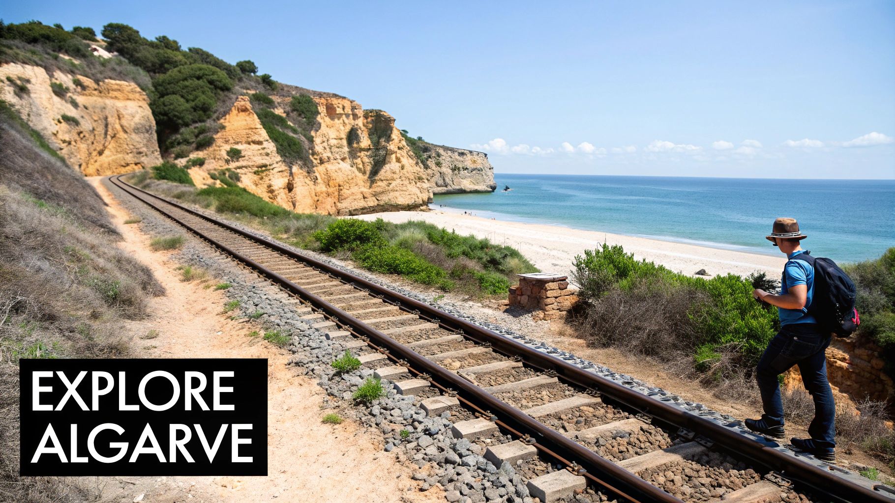 A man walks along train tracks next to a beautiful coastal landscape with cliffs and a sandy beach.