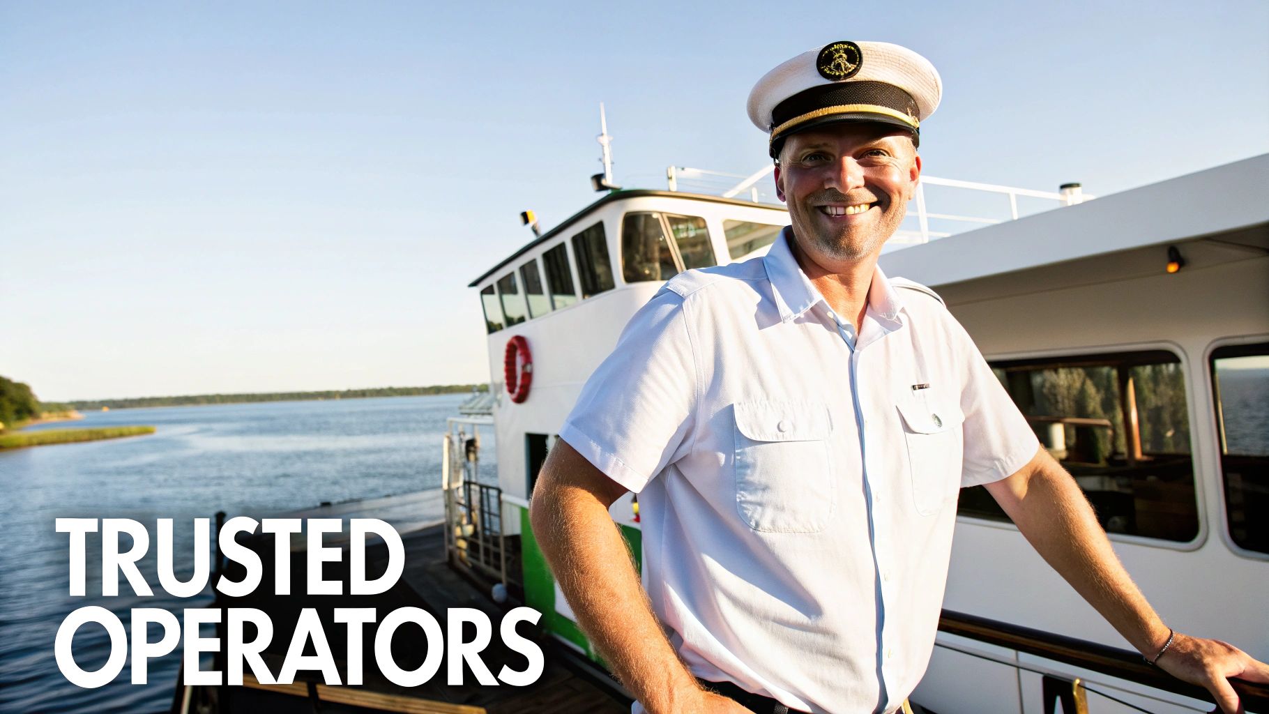 Happy boat captain in white uniform and hat on a ferry, overlooking a scenic lake.