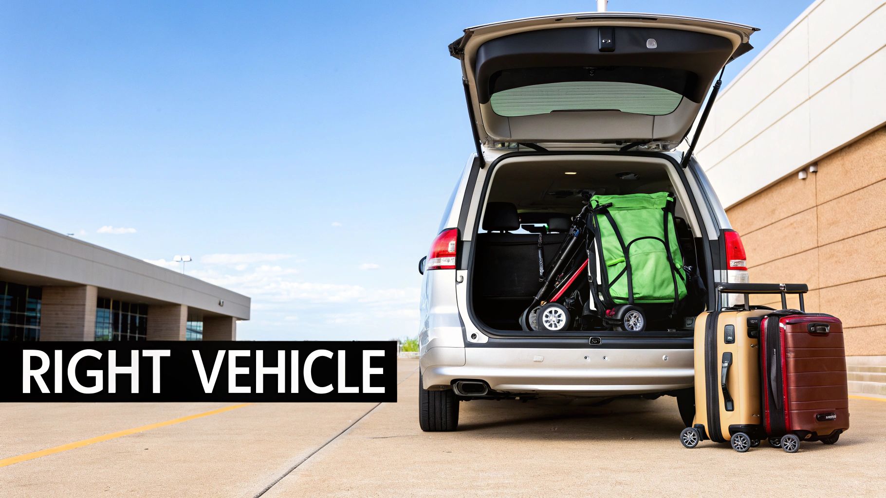 Silver minivan with open trunk, mobility device and green bag inside, two suitcases for airport travel.