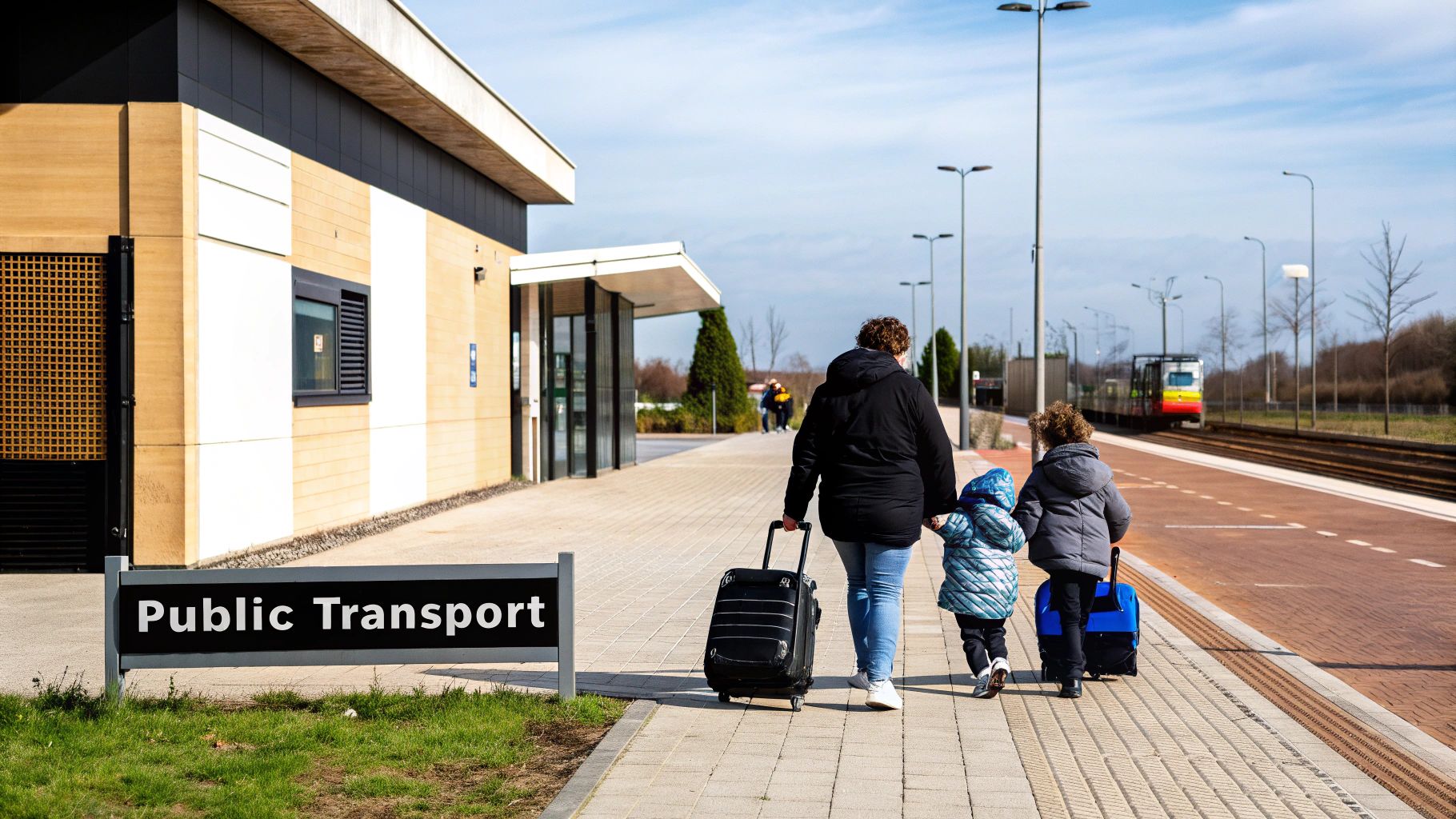Family with luggage walks towards a train on a sunny day at a public transport station.