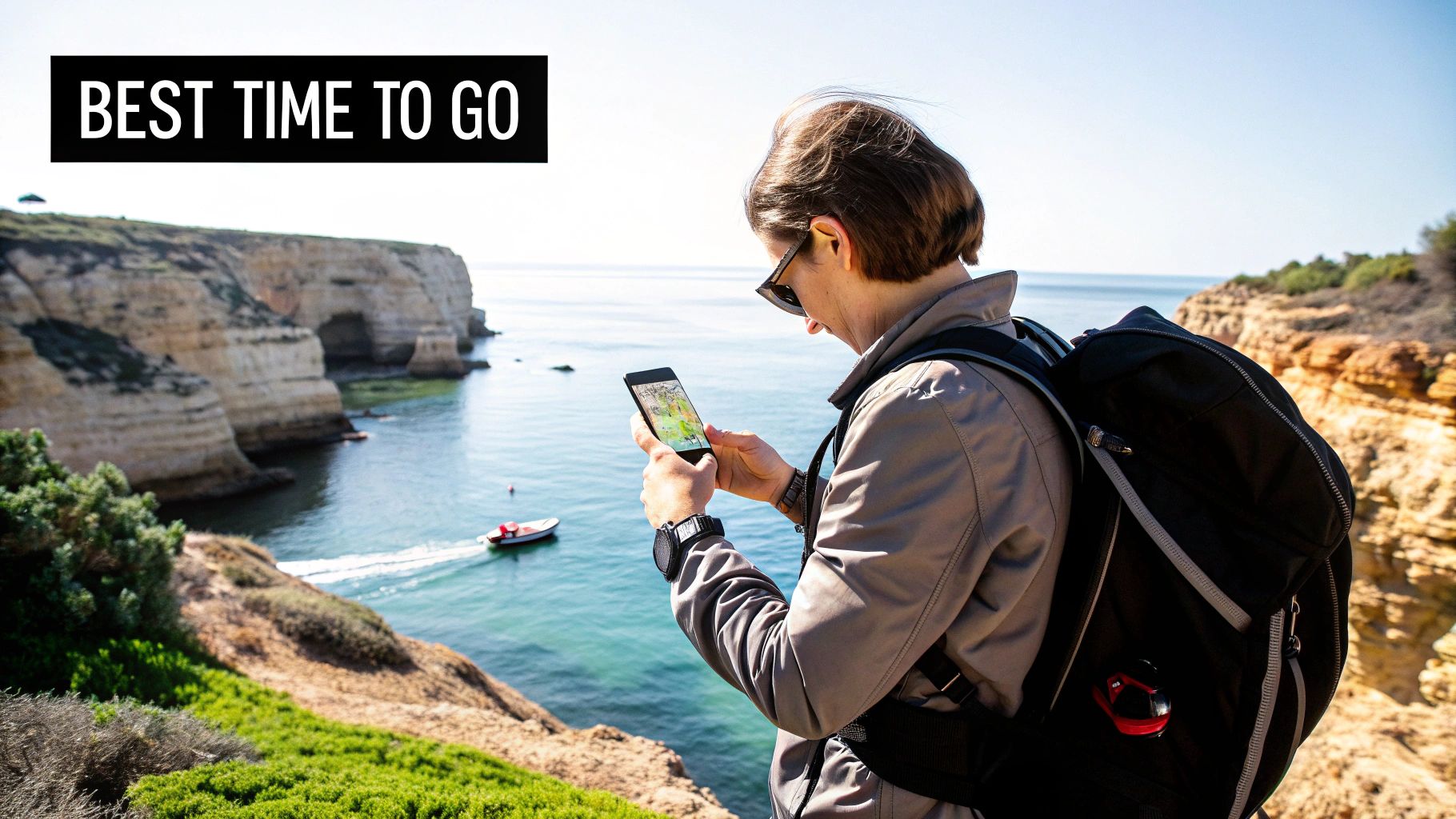 A person on a cliff overlooking the ocean, looking at their phone, with sea caves and a boat.