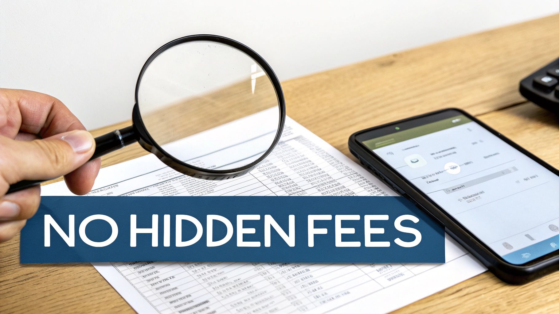 Hand with magnifying glass inspecting financial document, next to a smartphone and 'NO HIDDEN FEES' banner.