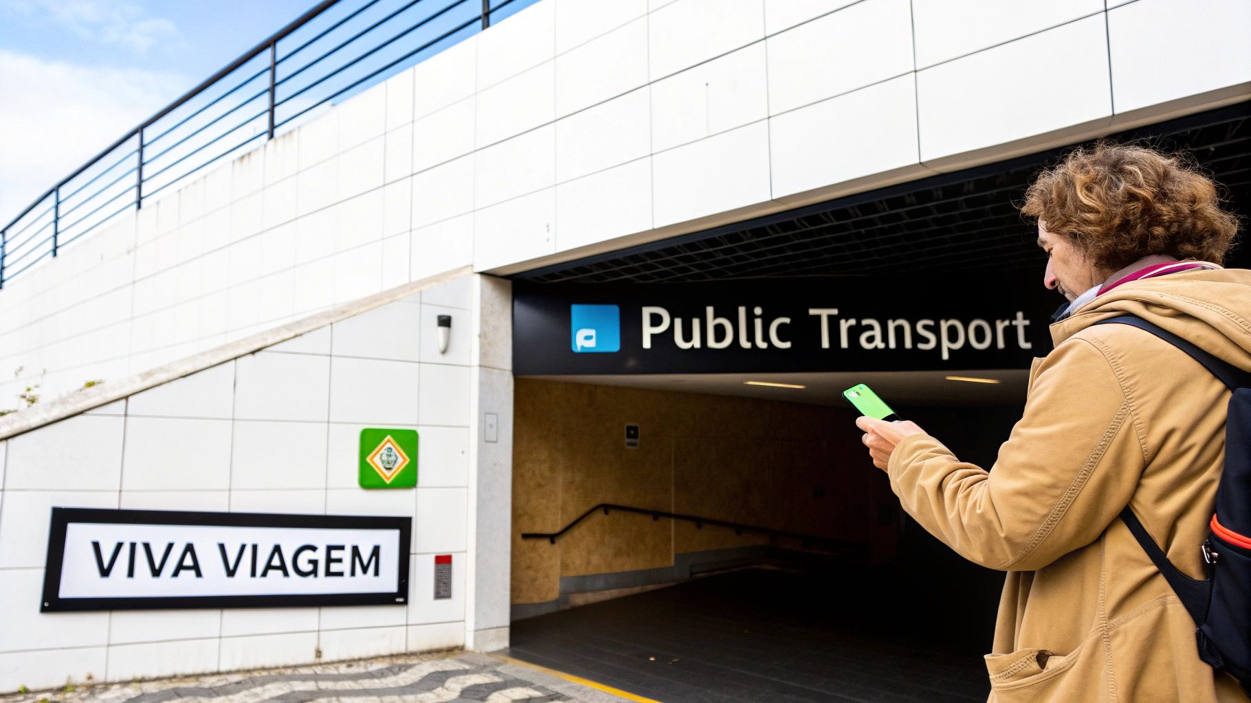 A modern metro train arriving at a station in Lisbon.