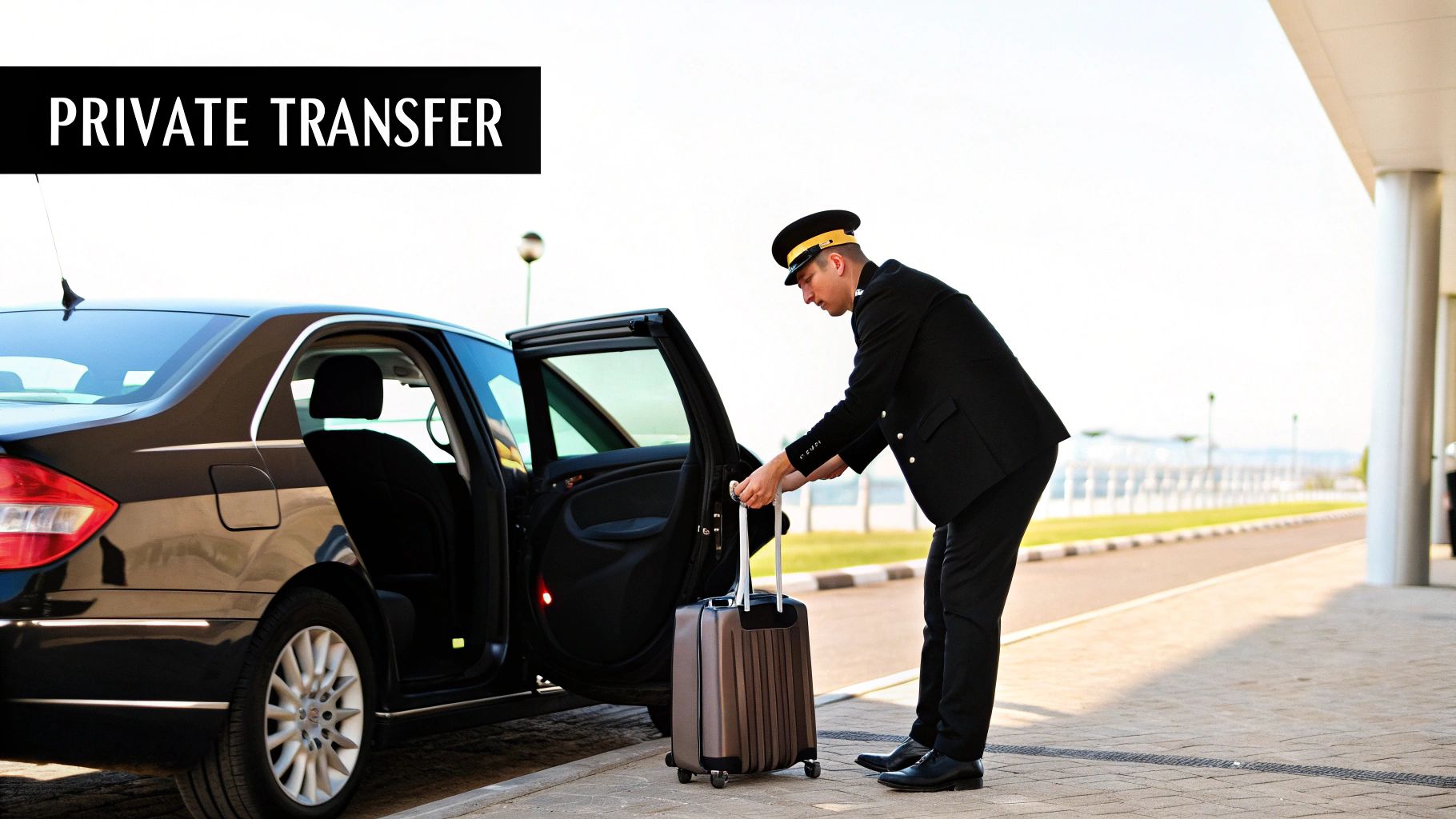 Chauffeur in uniform loads a suitcase into a black car, offering private transfer service.