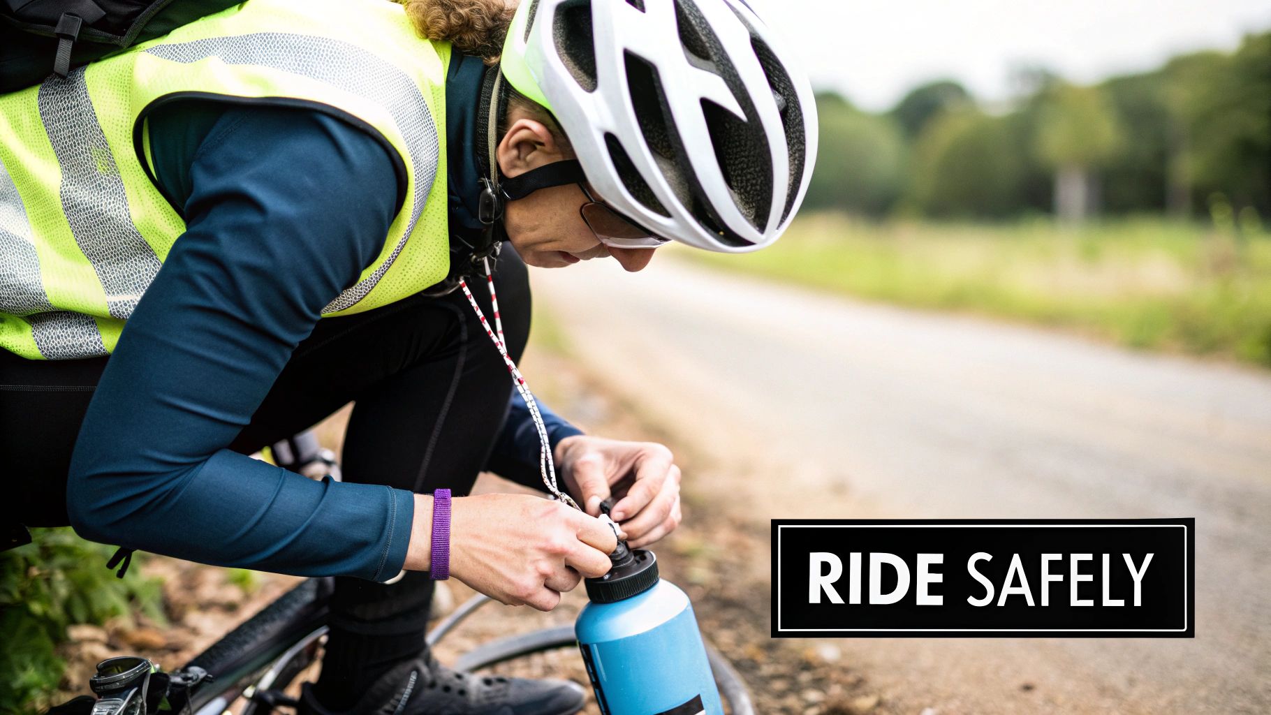 A cyclist in a helmet and high-vis vest stops to adjust a water bottle on a quiet road.