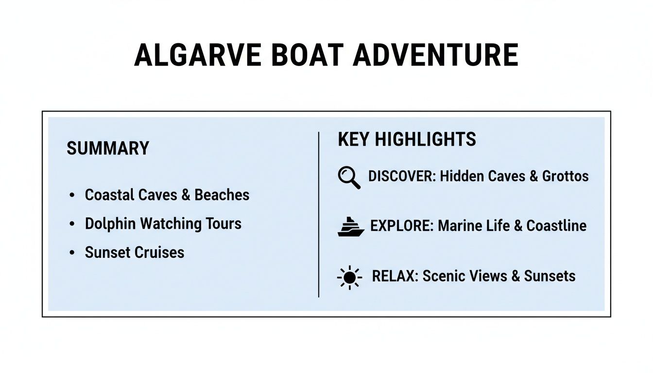 Infographic detailing Algarve boat adventures, including summary and key highlights like cave exploration and dolphin watching.