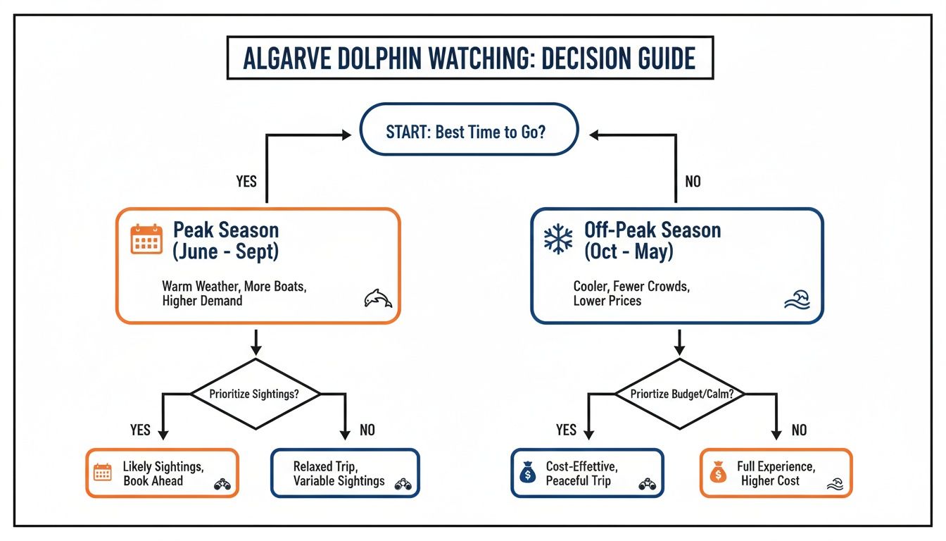 A decision guide flowchart for Algarve dolphin watching, comparing peak and off-peak seasons and trip priorities.